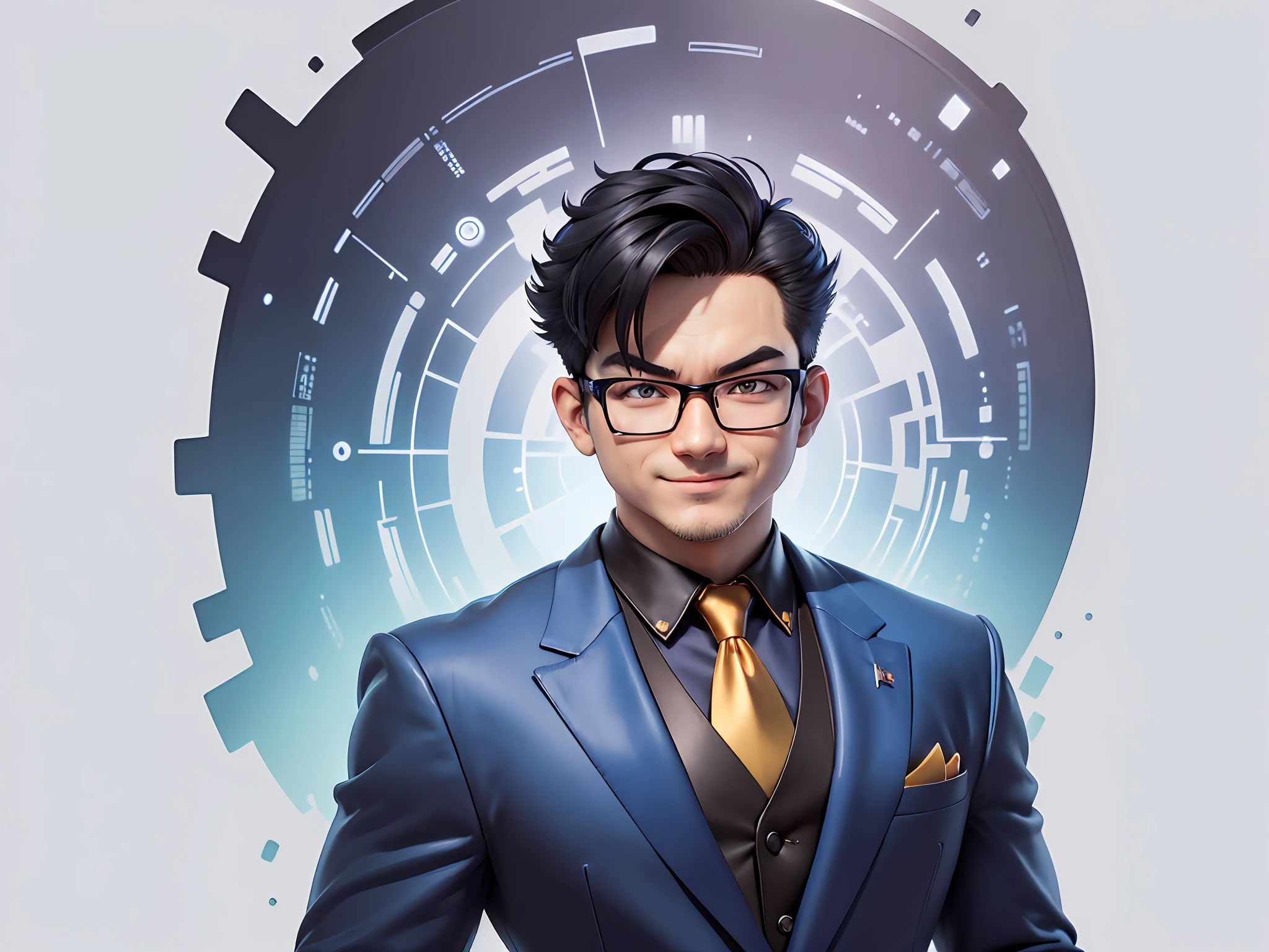 (((Masterpiece), (Excellent), (Super Meticulous), (Full Body: 1.2), Super Young Man, Oriental Face, Japanese Wind and Thunder God, Dragon, Tiger, TV Anchor, Bust Portrait Illustration, Alone, Black Formal Suit, Blue Tie, Slightly Chubby Face, Silver Glasses Face Very Clean No Beard, Black Super Short Hair, Black Eyes, Confident Smile, 3c Computer Sub-Products, iPad, iPhone, Digital Painting, 3D Character Design by Akira Toriyama and Mark Claireden and Pixar and Hayao Miyazaki, The illustration is a high-definition illustration in 4K resolution with very detailed facial features and cartoon-style visuals.