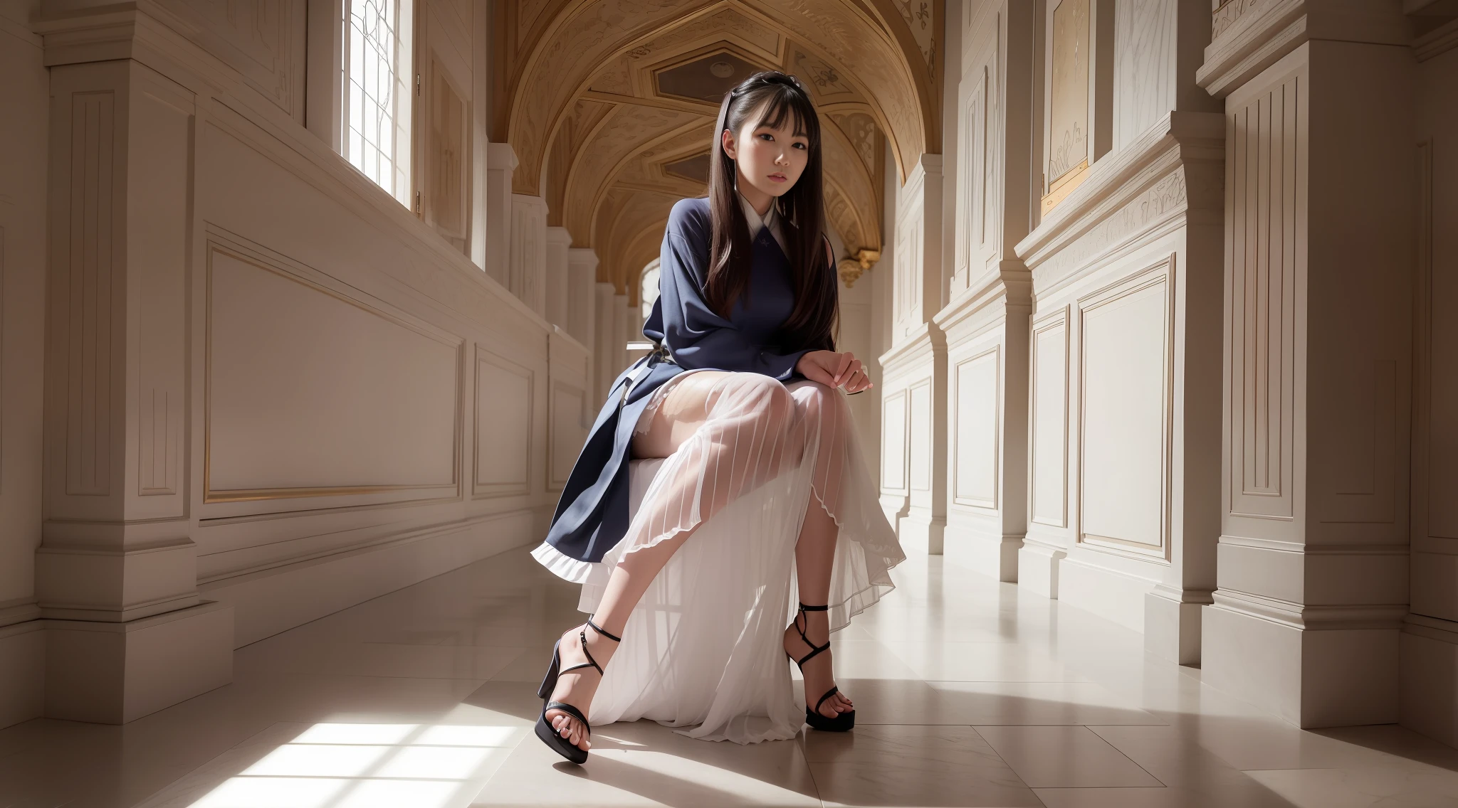arafed woman sitting on a chair in a room with a ceiling, photo taken with nikon d750, photo taken with nikon d 7 5 0, high - end fashion photoshoot, portrait of a japanese , rei kawakubo artwork, sitting on a grand staircase, palace ， a girl in hanfu, taken with canon eos 5 d mark iv