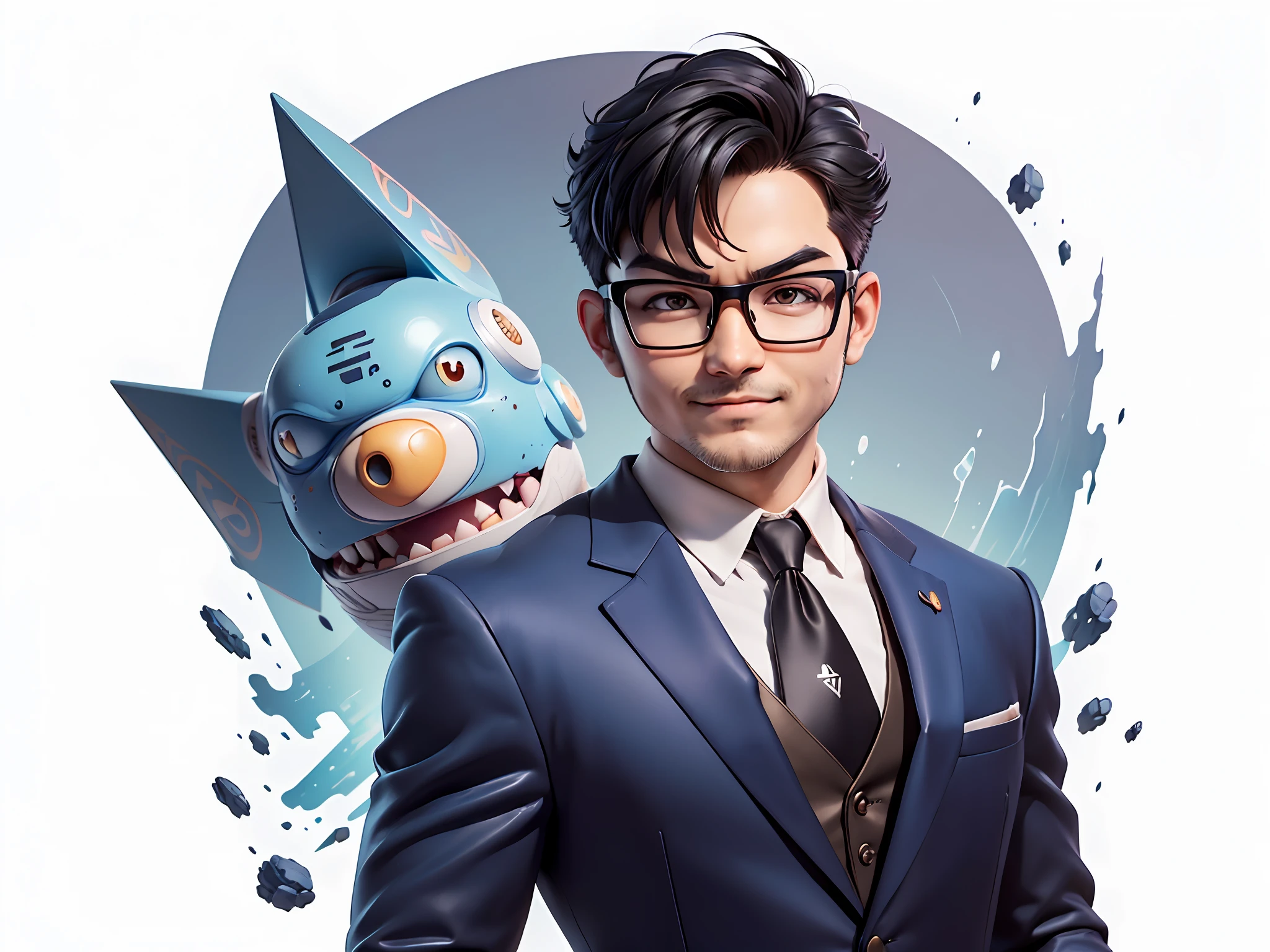 (((Masterpiece), (Excellent), (Super Meticulous), (Full Body: 1.2), Super Young Man, Oriental Face, Japanese Wind and Thunder God, Dragon, Tiger, TV Anchor, Bust Portrait Illustration, Alone, Black Formal Suit, Blue Tie, Slightly Chubby Face, Silver Glasses Face Very Clean No Beard, Black Super Short Hair, Black Eyes, Confident Smile, 3c Computer Sub-Products, iPad, iPhone, Digital Painting, 3D Character Design by Akira Toriyama and Mark Claireden and Pixar and Hayao Miyazaki, The illustration is a high-definition illustration in 4K resolution with very detailed facial features and cartoon-style visuals.