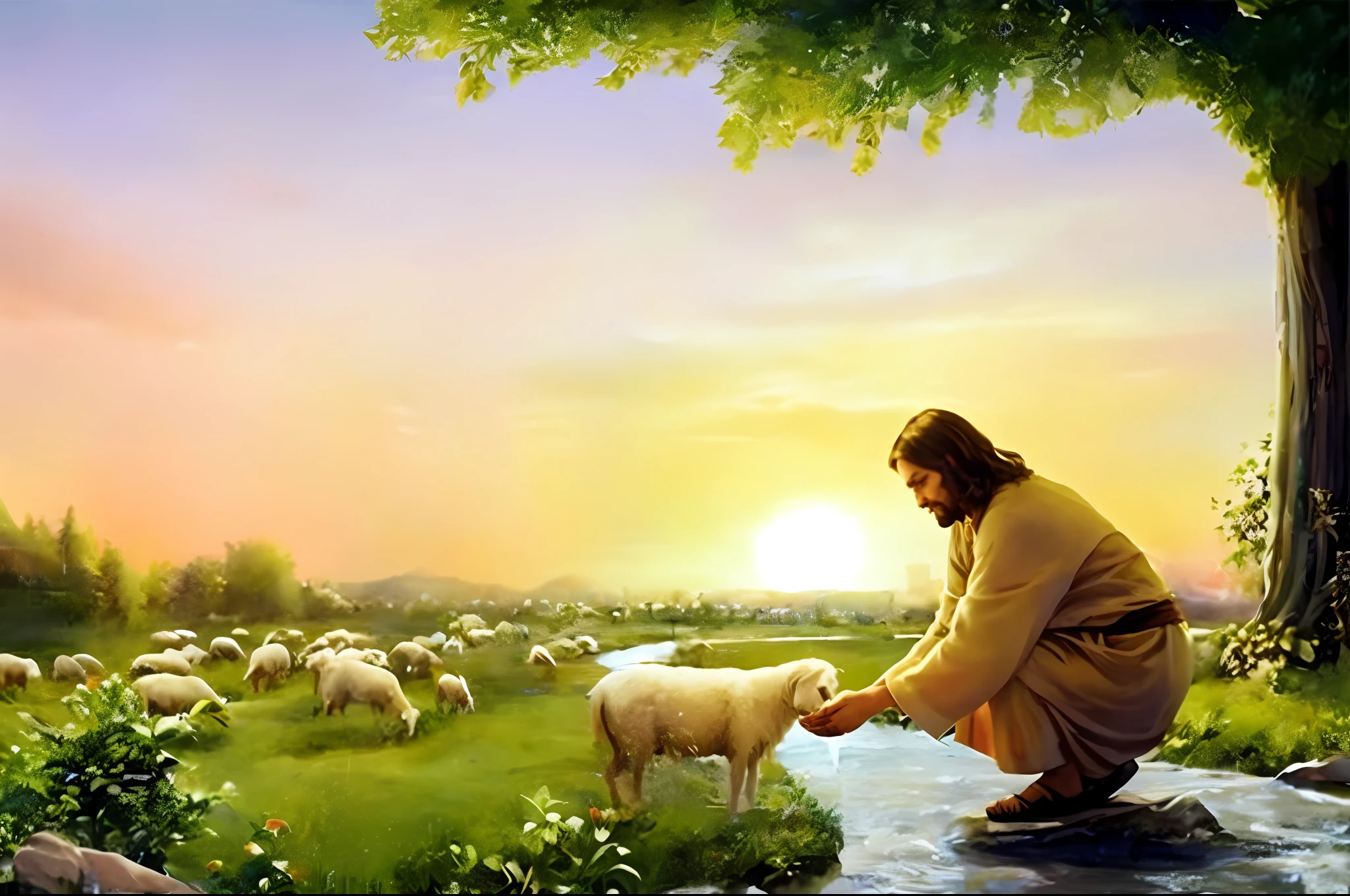 Jesus walking on water in a storm, gentle expression, streaks of light coming down from the sky, masterpiece, highest quality, high quality, highly detailed CG unit 8k wallpaper, award-winning photos, bokeh, depth of field, HDR, bloom, chromatic aberration, realistic, very detailed, trending at artstation, trending at CGsociety, complex, high detail, dramatic, mid-journey art, volumetric lighting