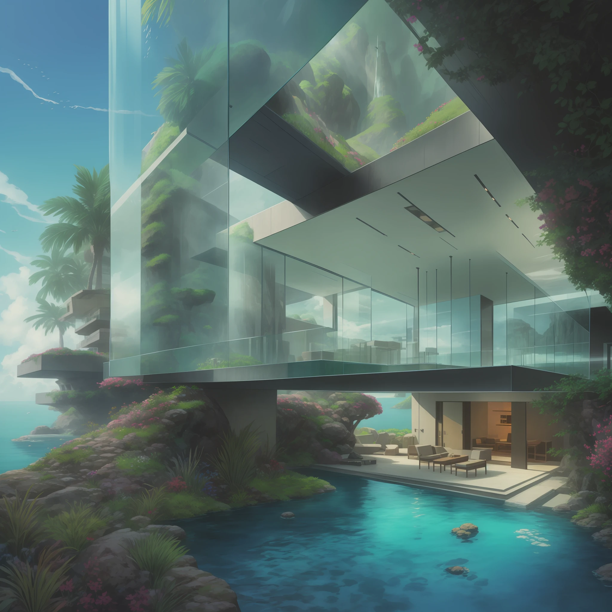 a modern futuristic design large cliff House's with a artificial waterfall and a pool in the middle, nature meets architecture, built around blue ocean, realistic beehive architecture, organic architecture, very close to real nature, breathtaking render, island with cave, stunning architecture, luxury architecture, realistic fantasy render, by Zha Shibiao, epic and stunning, architectural visualization, epic architecture, concept art. 8 k