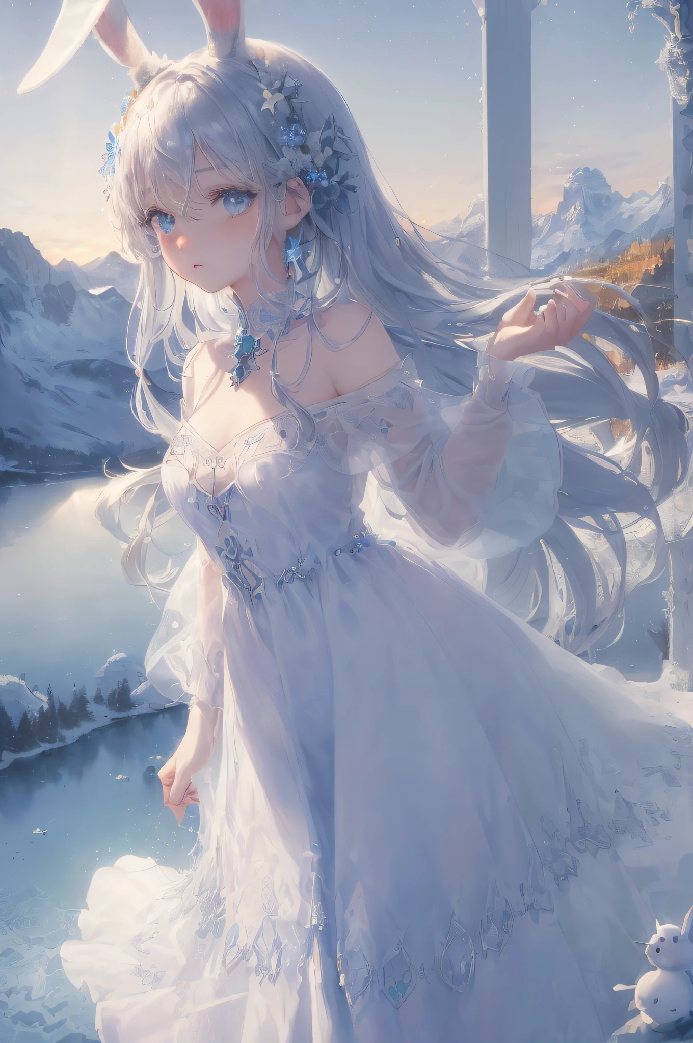 art by Cornflower, dreamy (Original, (Masterpiece), (illustration:1.1), (Detailed and beautiful), (Perfect Detail), (unity CG 8K wallpaper:1.05), (Beautiful clear background:1.25), (depth of field:0.75), (1 (Cute girl: 0.9) Long silver hair, ((Snowflake:0.4) Hair ornament: 1.1), (rabbit ears: 1.1) (standing beside a frozen lake with forest and mountains) :1.1):1.35) medium (sunset: 1.2) medium (winter: 0.65):1.1). (Fine Beautiful Eyes: 1.2), (Beautiful Face: 1.2), (Hair in the Wind: 1.05), (Blue Eye: 1.1), Solo, (Snow: 0.4), Aurora, Stars)