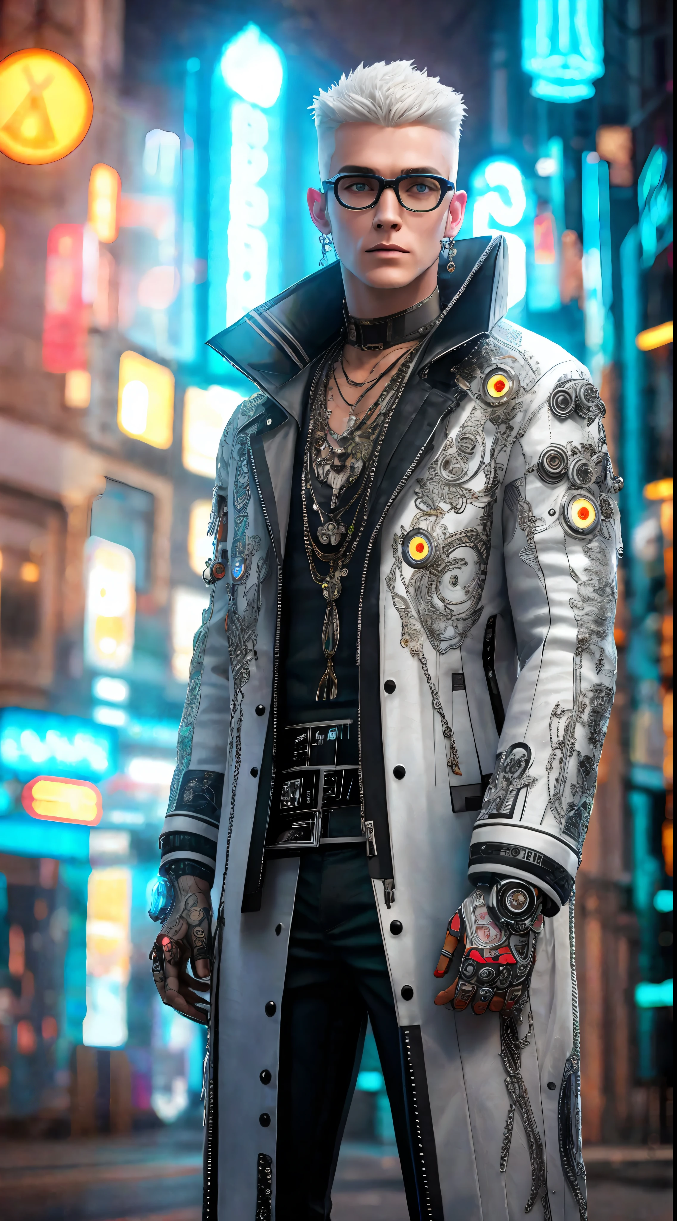 Complex 3d rendering ultra-detailed cyberpunk style, simulating 150mm shot, neon skin lines, colorful details, piercings, Art Nouveau fashion embroidery, intricate details, facial muscles, microchips, surreal, ultra-detailed, octane rendering, robotic arm, mechanical, half-rimmed glasses, short hair, male, man, standing frontal, white jacket, white clothes, cinematic lighting effects,