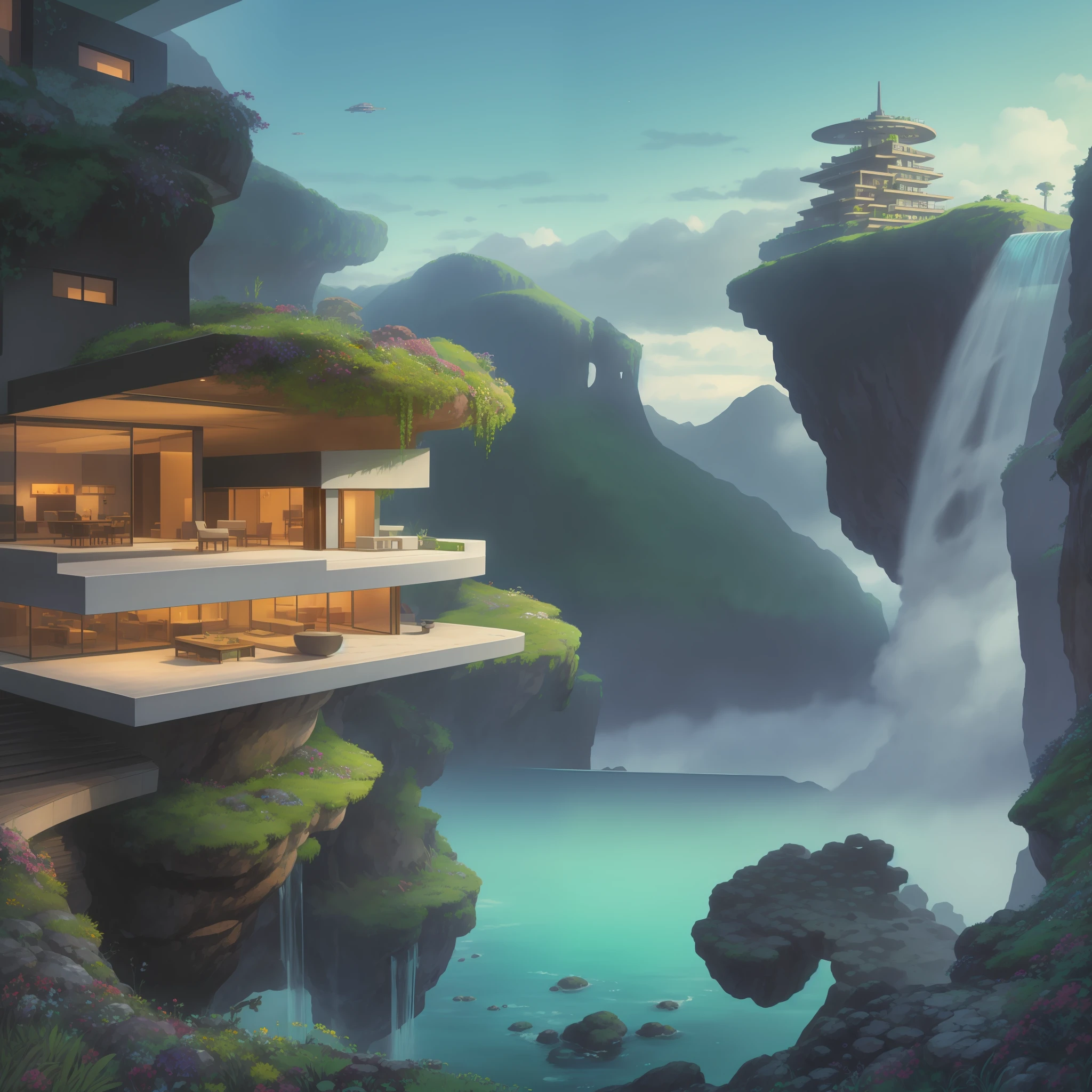 a modern futuristic design large cliff House's with a artificial waterfall and a pool in the middle, nature meets architecture, built around blue ocean, realistic beehive architecture, organic architecture, very close to real nature, breathtaking render, island with cave, stunning architecture, luxury architecture, realistic fantasy render, by Zha Shibiao, epic and stunning, architectural visualization, epic architecture, concept art. 8 k