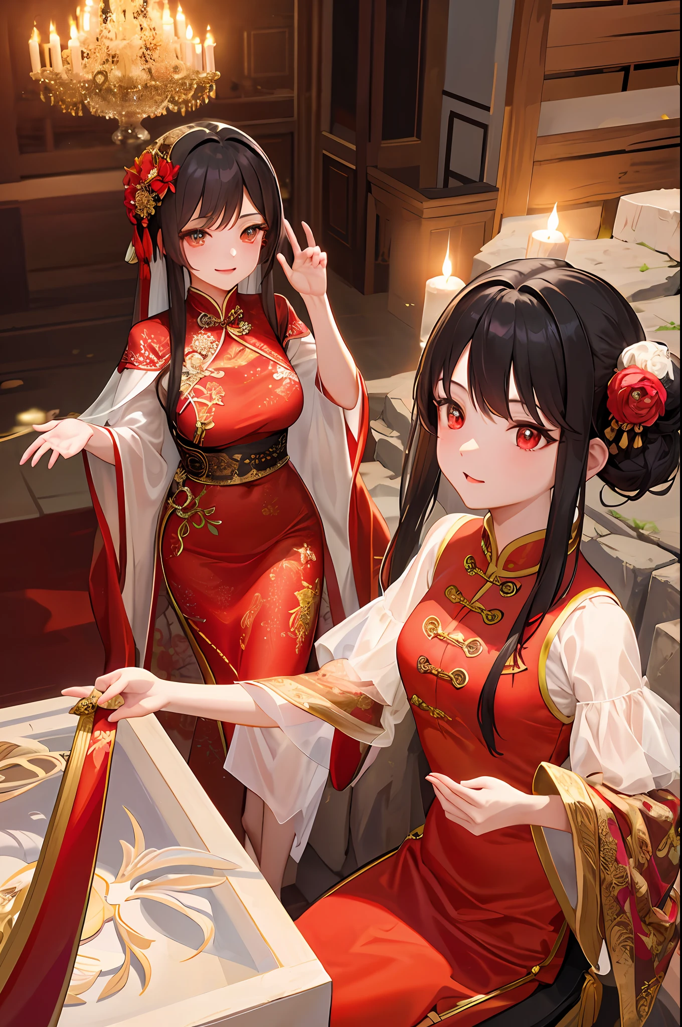 Masterpiece, Superb Style, Cave House Flower Candle Night, Wedding Scene, 1 Daughter, (Single), Mature Woman, Chinese Style, Sister, Royal Sister, Chinese Costume Red Wedding Dress, Bun, Black Long Haired Woman, Gentle, Intellectual, Three Belts, Wedding Background, Wan, Red Lantern