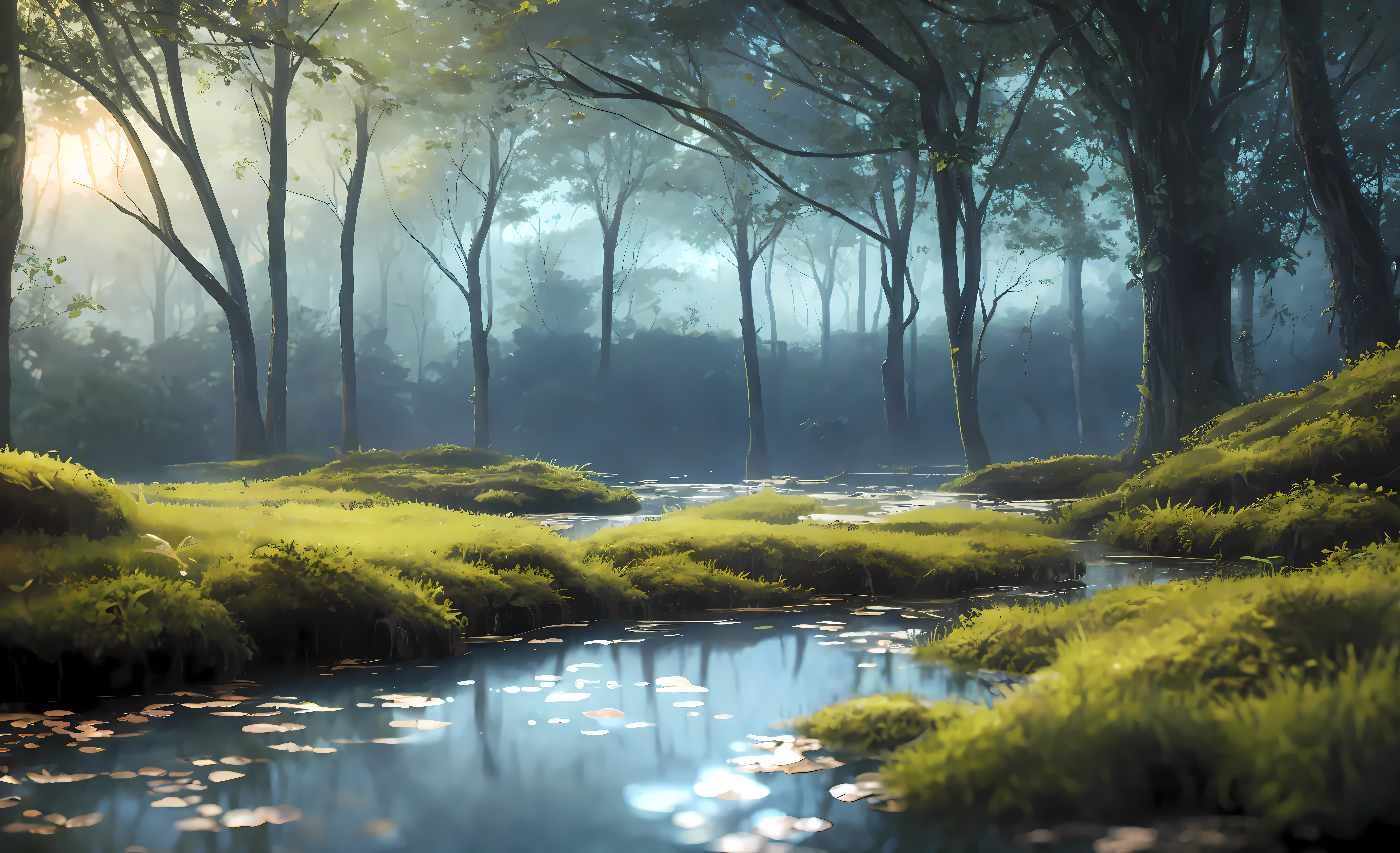 Enable Chroma V5, nvinkpunk style, create a very detailed CG unity 8k wallpaper, with a dark swamp as the background, still water surface dark and deep, trees twisted and knotted, moss hanging on branches, and thick fog in the air. With the help of oil painting and award-winning photography, bokeh, depth of field, HDR, halo, chromatic aberration, etc. are used to enhance the realism of the picture, expressing high complexity, high detail and strong drama. In the creative process, we strive to make the details of the grass clearer and richer. At artstation and CGsociety, trends are detailed.