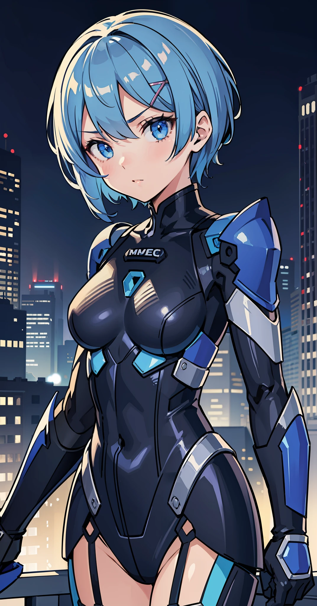 1girl, masterpiece, rem rezero, short hair, blue hair, blue eyes, serious, mechanical suit, black suit, portrait, night city background,