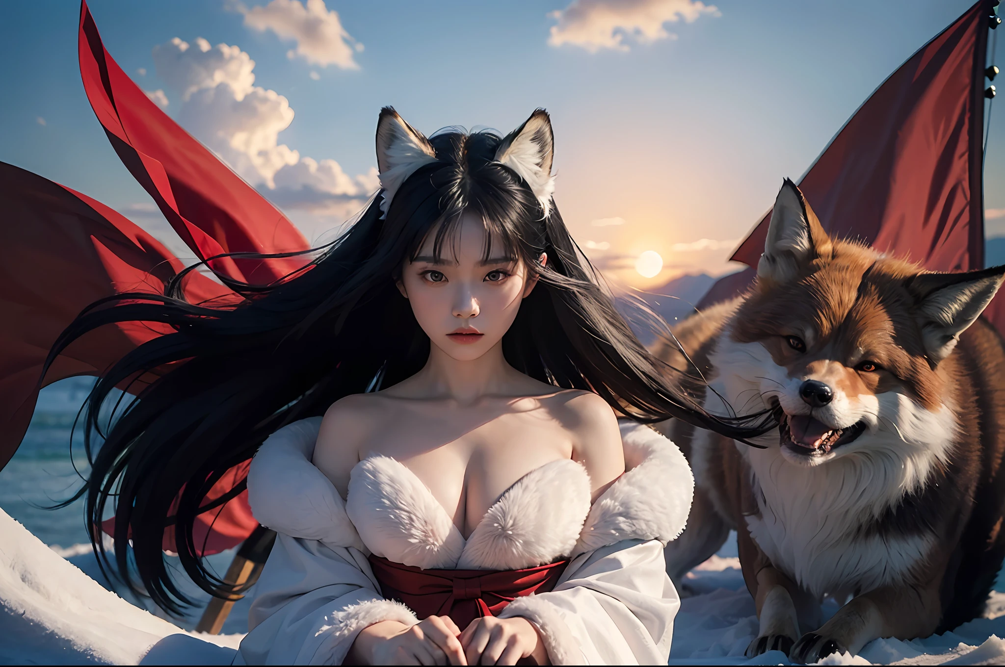 The painting depicts Kikyo in Inuyasha and the large demon fox behind her, and the picture is full of mystery and power.
Kikyo stood on a high ground with a bow and arrow, her figure proud and calm, her eyes shining with determination, as if preparing for the upcoming battle. The red and white dress on her body is light and flowing, which further highlights her noble temperament.
Behind Kirito, a huge demon fox stood quietly, its body covered with thick fur, and its eyes showed a majestic and cold aura. Its existence is a testament to the power and deterrent power of the demon race, as well as the great challenges Kikyo faces in this dangerous world.
The whole painting is dominated by dark tones, which alludes to the tension and suspense of the battle. However, both Kikyo and the demon fox are meticulously depicted, showing the author's superb drawing skills and deep understanding of the characters. This painting shows the classic scene from Inuyasha, but also shows the unique charm and artistic characteristics of Japanese anime.