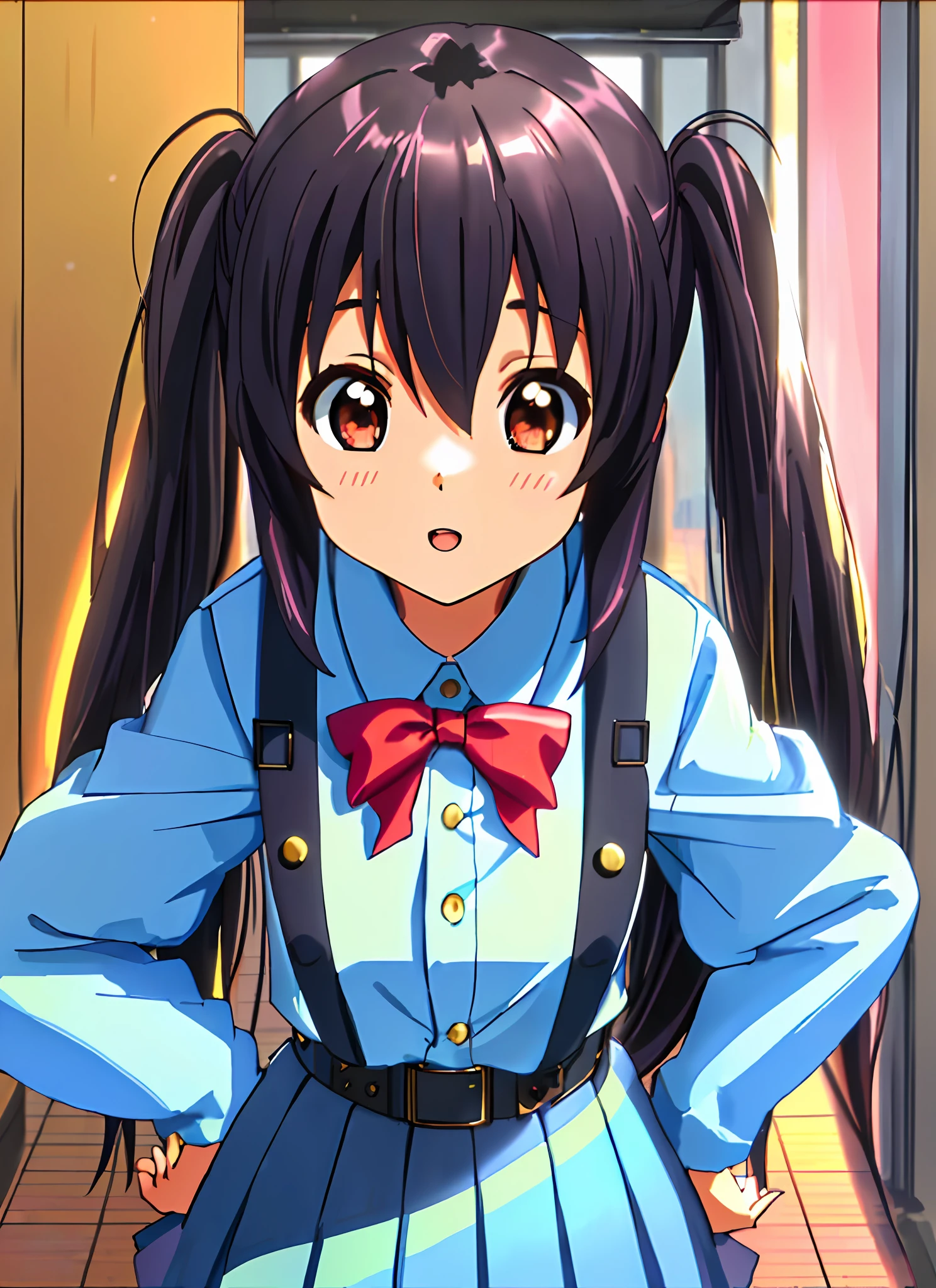 1girl, ((((Masterpiece))), Best Quality, Best Quality, High Detail, Azusa Nakano, 1girl, Sakuragaoka High School Uniform, Musical Instrument, School Uniform, Twin Tails, Long Hair, Black Hair, Brown Eyes, Solo, Red, Dark blue blazer with a thin ribbon of red, Solid white button shirt under blazer, Illustration, Cartoon, Soothing tones, Muted colors, Soft cinematic light, Adobe Lightroom, Photo Lab, HDR, complex and highly detailed, (((depth of field))))). (((Masterpiece))). (((highest quality))).) ((super detail))). (((Illustration))).Put your hands on your hips.Stretch your chest.View from above.