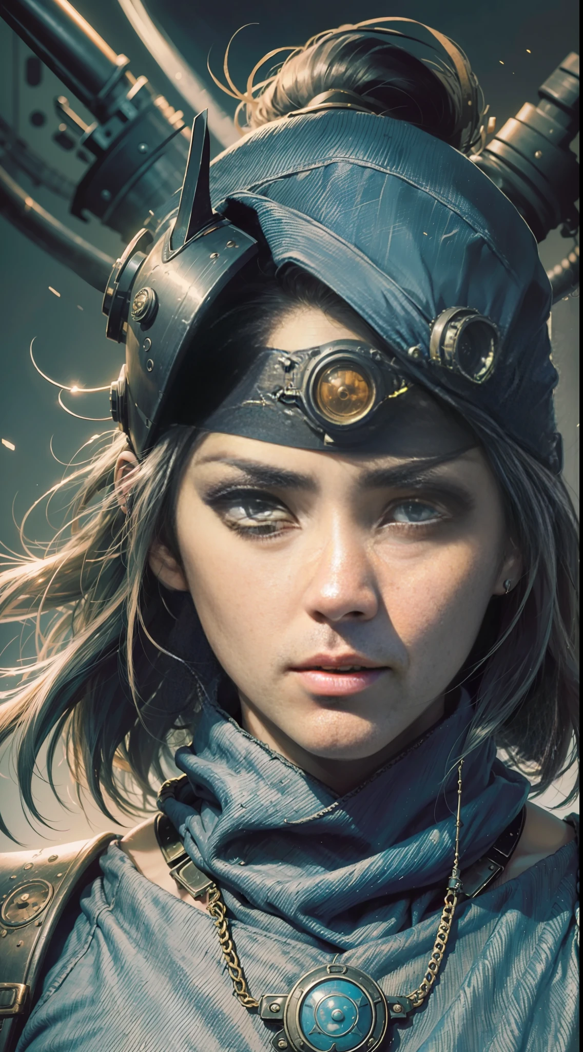 steampunk style, (jconemb ninja) portrait, female ninja (masterpiece: 1, 2), best quality, high resolution, original, very detailed, looking at the viewer, (denim lens: 1.2), upper body, perfect lighting, (very detailed: 1.2), (8k: 1.1), ninja headband, (ninja, shinobi)