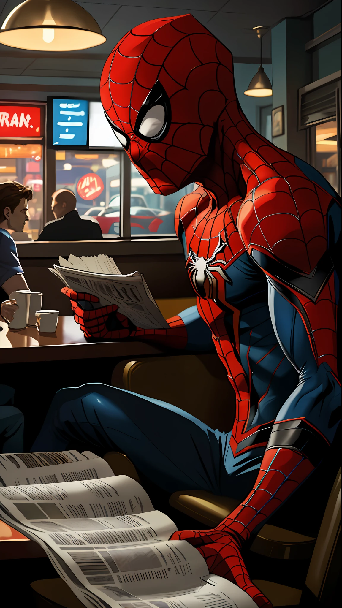 portrait512 Spider-Man wearing his mask reading a (newspaper:0.8) inside of a diner, cinematic film  still Photo512