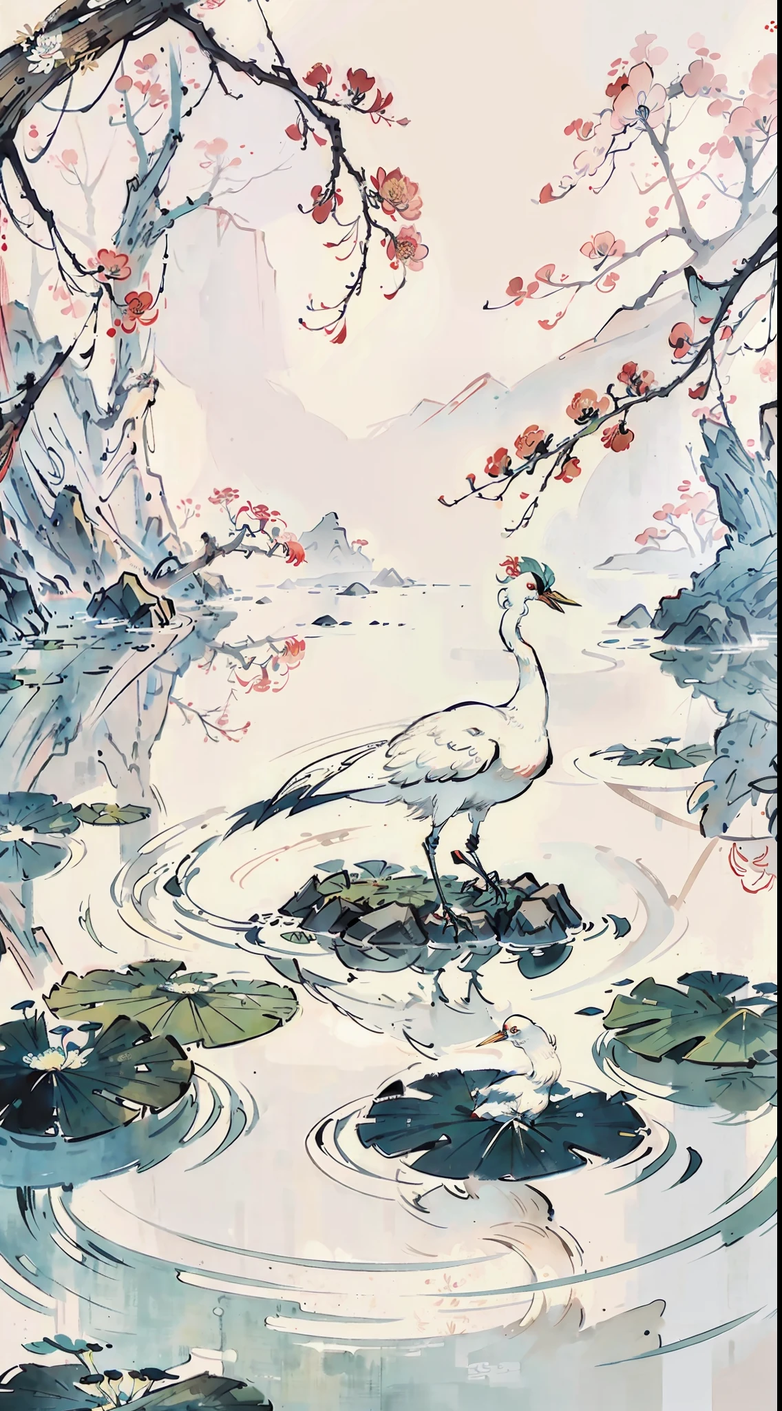 White crane painting in lotus pond, Chinese brush illustration, Chinese painting style, Chinese traditional painting, Chinese traditional ink painting, Chinese style painting, Chinese watercolor style, Chinese ink painting, beautiful artwork illustration, inspired by Xiao Yuncong, Chinese traditional art, Chinese painting, Zhongyuan Festival, inspired by Wang Yuanqi