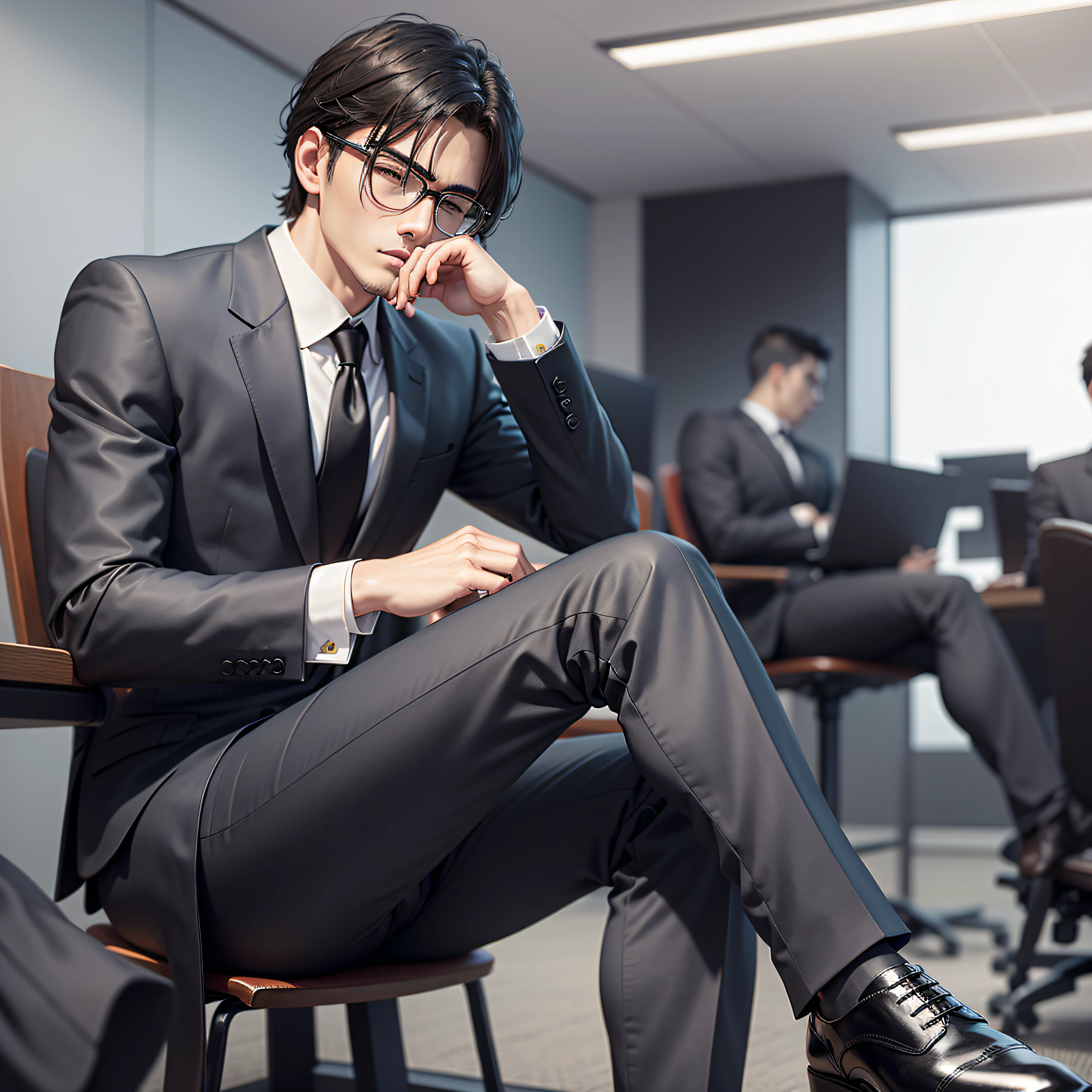 Company executives, wearing black suits on the upper body, trousers on the lower body, and black leather shoes on the feet, look very handsome, sitting in the office, modern realism, Chinese style
