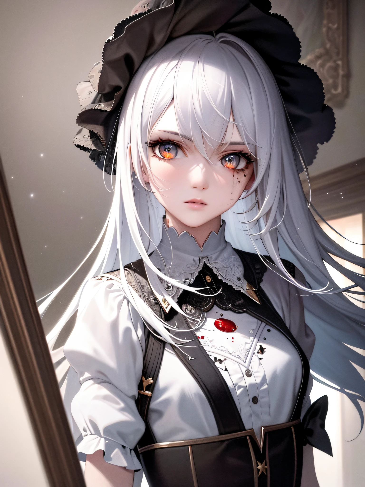 best quality, masterpiece, super high resolution, (reality:1.5), art, original photo, dynamic lighting, high resolution, sharp focus, depth of field,1girl, medium, masterpiece, best quality, super detailed, illustration, white hair and super detailed face, high quality face, upper body, fighting, bleeding, tattered clothes,