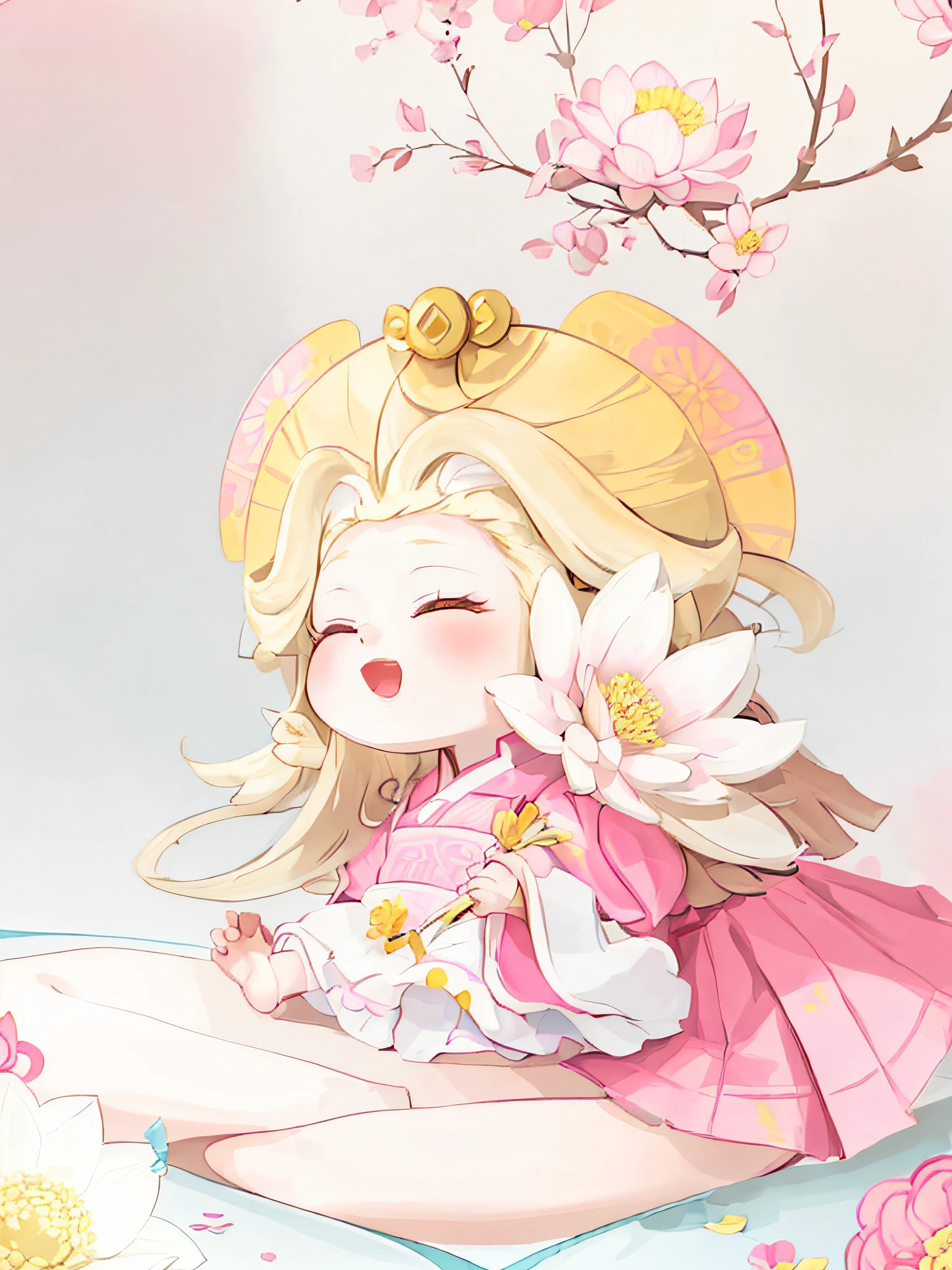 A girl, blonde hair, wearing ancient Chinese clothes, skirt is pink and light yellow, wearing flowers on her head, sitting hand holding lotus white, some flower headdress, bright color blocks, bright colors, obvious hands and feet, line art, infinite details, fine painting, beautifully depicted, blank background 8k,