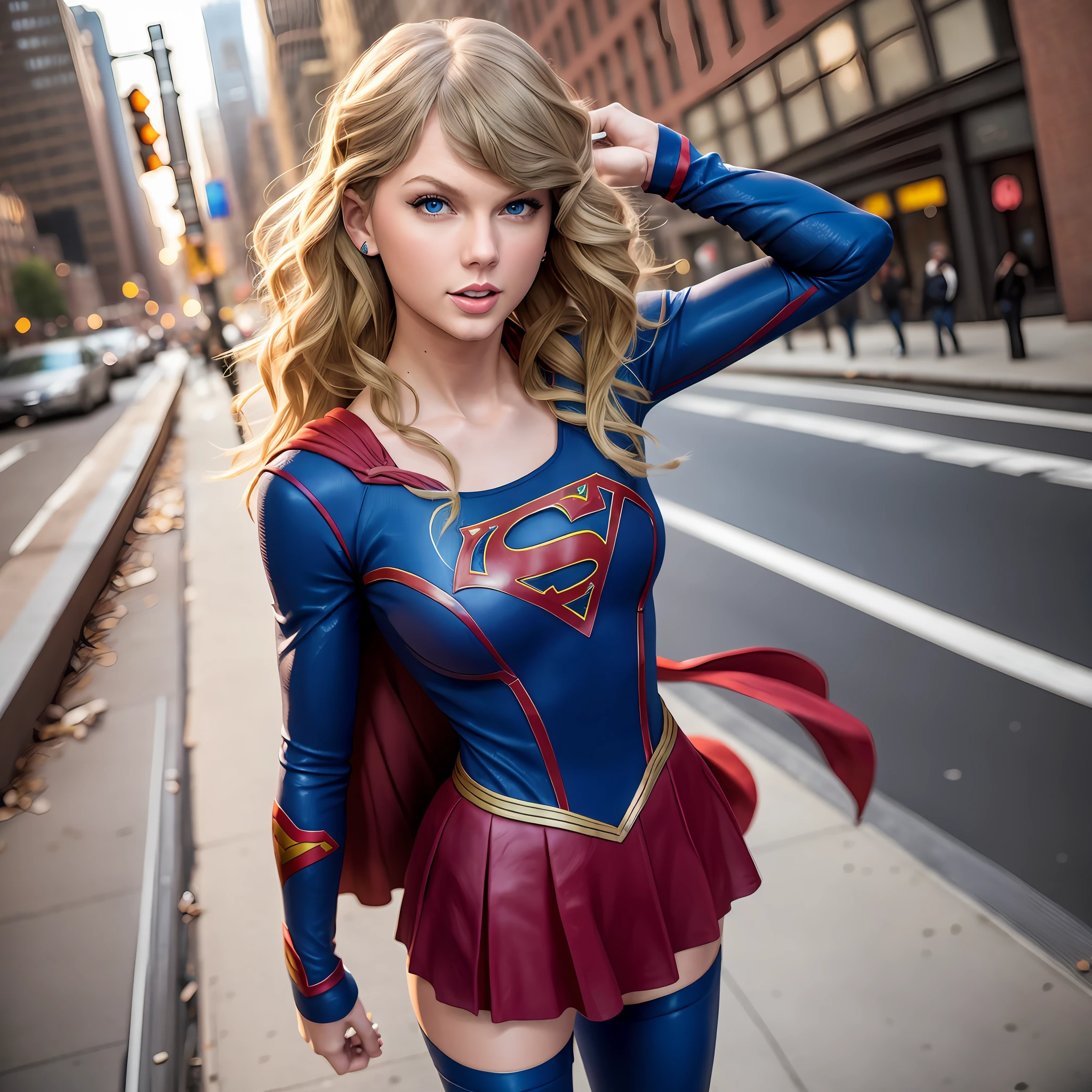 Realistic full-body photograph of American singer Taylor Swift wearing a supergirl uniform with her hair loose on a New York street --auto --s2