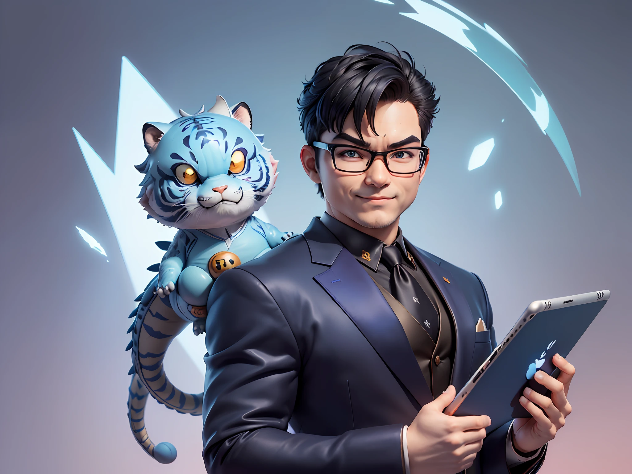 (((Masterpiece), (Excellent), (Super Meticulous), (Full Body: 1.2), Super Young Man, Oriental Face, Japanese Wind and Thunder God, Dragon, Tiger, TV Anchor, Bust Portrait Illustration, Alone, Black Formal Suit, Blue Tie, Slightly Chubby Face, Silver Glasses Face Very Clean No Beard, Black Super Short Hair, Black Eyes, Confident Smile, 3c Computer Sub-Products, iPad, iPhone, Digital Painting, 3D Character Design by Akira Toriyama and Mark Claireden and Pixar and Hayao Miyazaki, The illustration is a high-definition illustration in 4K resolution with very detailed facial features and cartoon-style visuals.