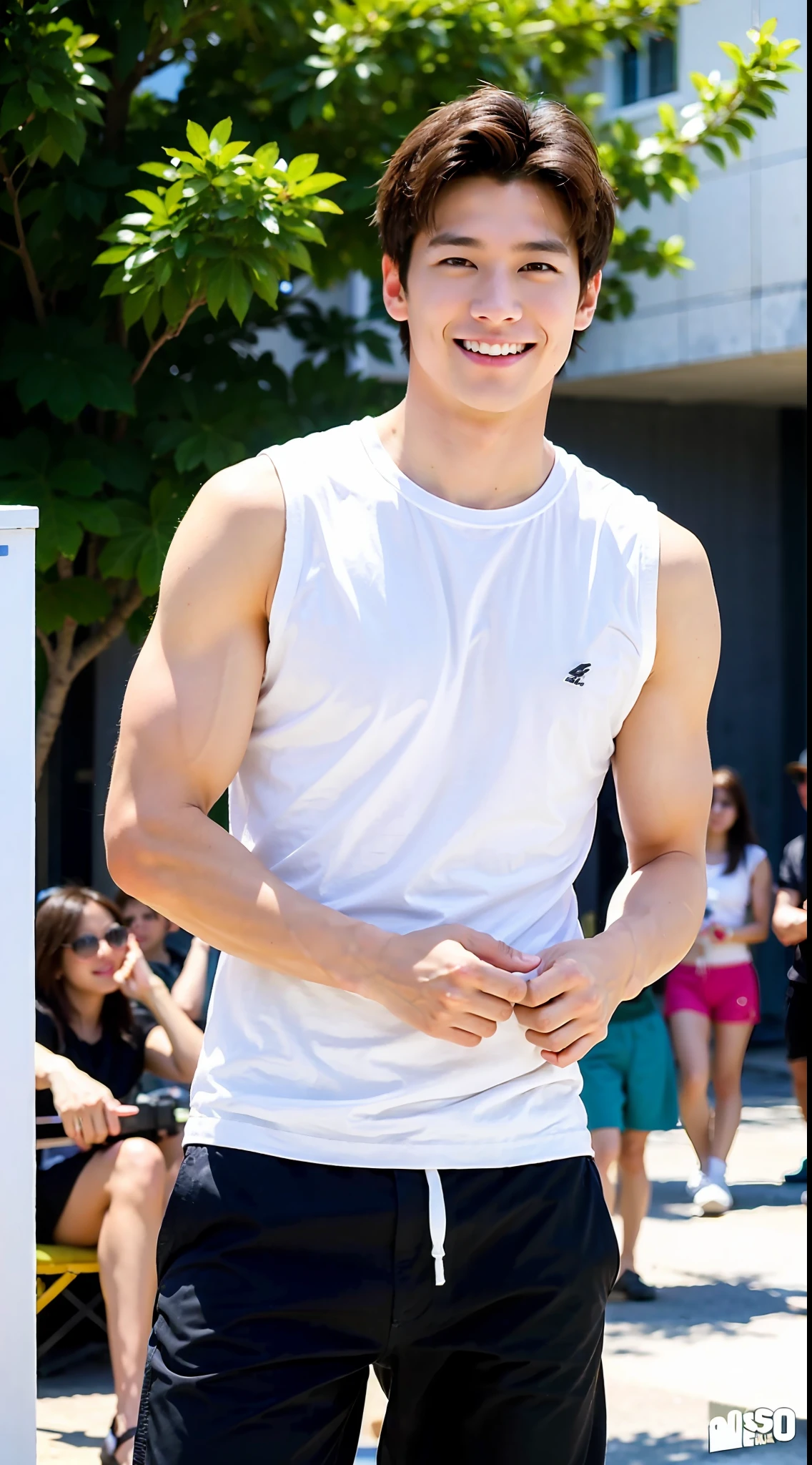 Best Quality, Ultra High Resolution, (Realistic:1.4), Masterpiece, Blurred Background ,Muscle, Solo, 1 Boy, Young Man , Standing, White Skinned Without Top, Posing, Facial Focus, Smile, Shut Up,