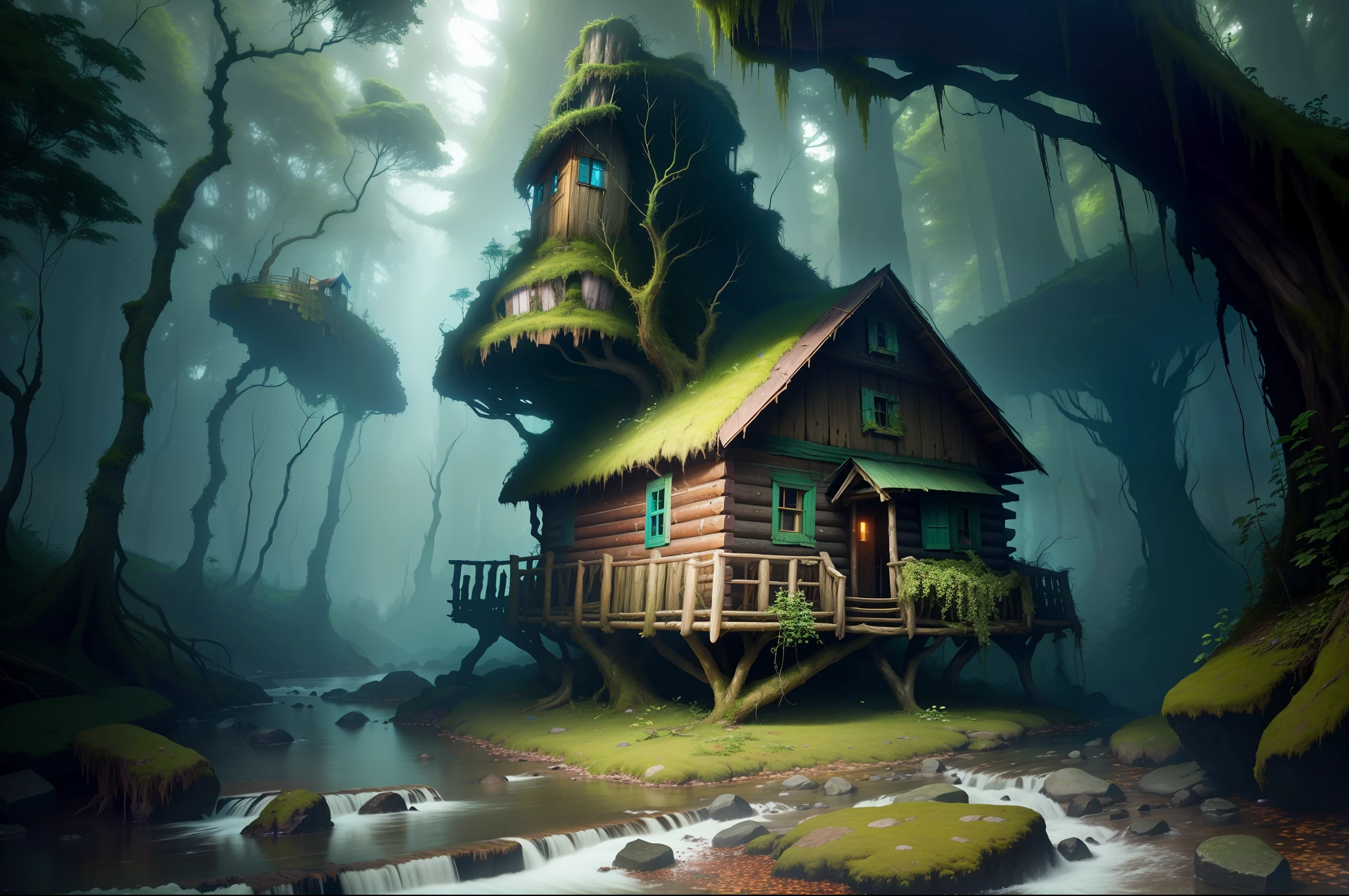 An enchanted forest, decrepit cabin on a rocky bank, abandoned, overgrown, mossy, clear river, lush, mystical, fantasy