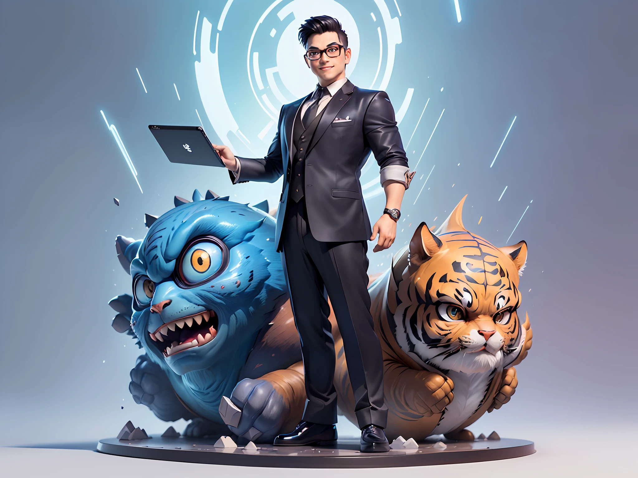 (((Masterpiece), (Excellent), (Super Meticulous), (Full Body: 1.2), Super Young Man, Oriental Face, Japanese Wind and Thunder God, Dragon, Tiger, TV Anchor, Bust Portrait Illustration, Alone, Black Formal Suit, Blue Tie, Slightly Chubby Face, Silver Glasses Face Very Clean No Beard, Black Super Short Hair, Black Eyes, Confident Smile, 3c Computer Sub-Products, iPad, iPhone, Digital Painting, 3D Character Design by Akira Toriyama and Mark Claireden and Pixar and Hayao Miyazaki, The illustration is a high-definition illustration in 4K resolution with very detailed facial features and cartoon-style visuals.