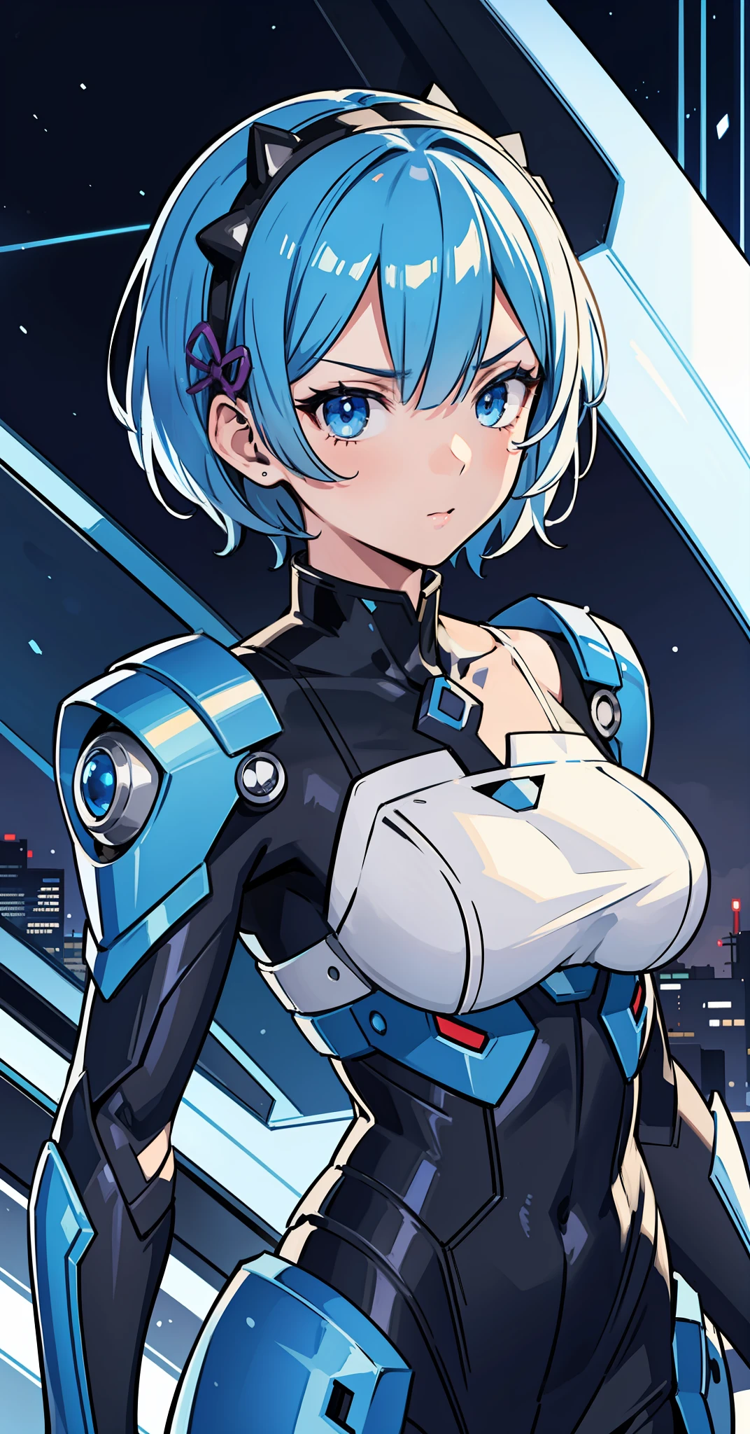 1girl, masterpiece, rem rezero, short hair, blue hair, blue eyes, serious, mechanical suit, black suit, portrait, night city background,