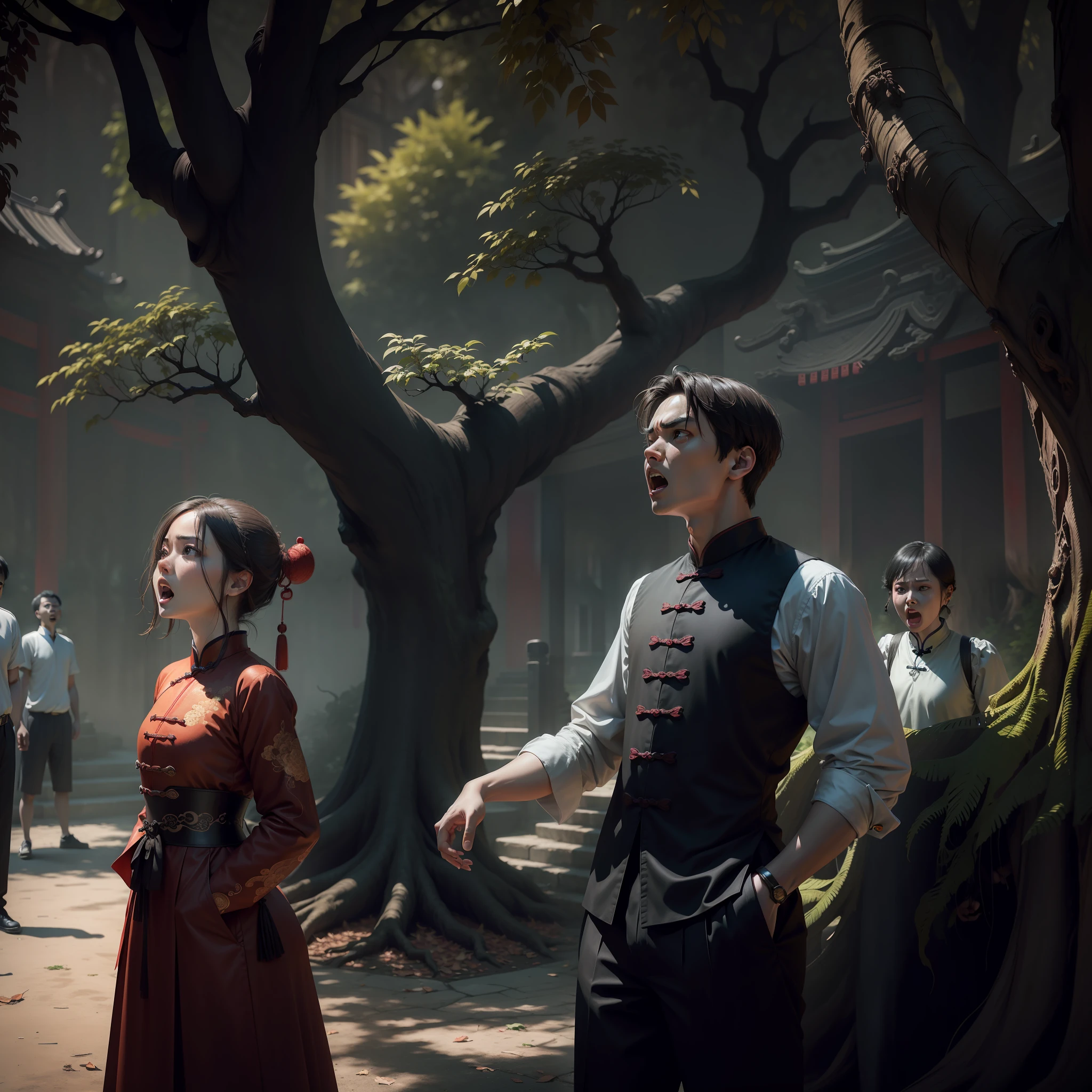 Masterpiece, 2 people, under the weird old locust tree, a young woman yelling, a young man watching from the side, surprised expression, (((Chinese style))), (eerie, tense, suspenseful, terrifying atmosphere), 8k, HD, HD, high saturation, surreal, high resolution