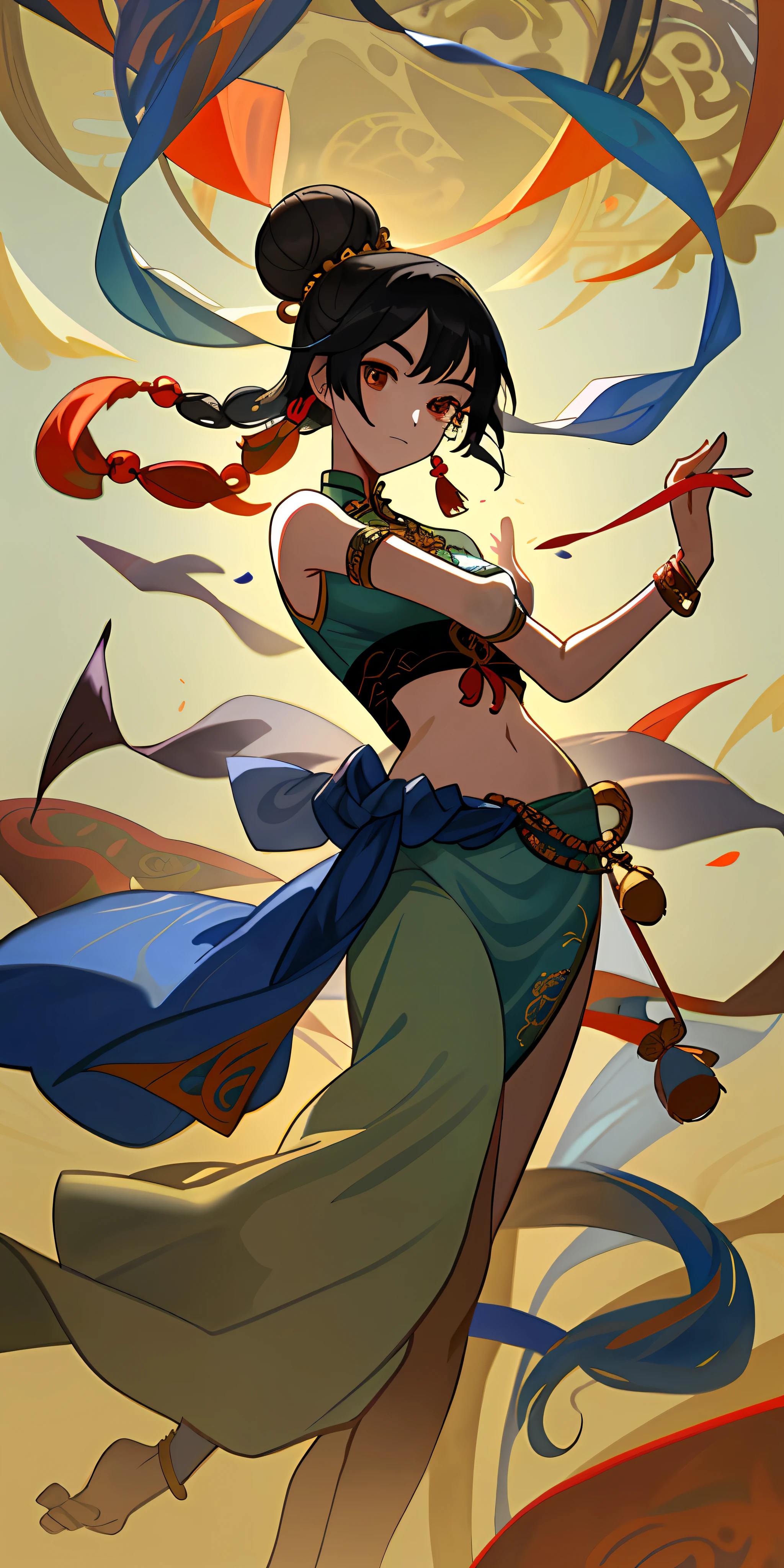 An ancient Chinese beauty with gorgeous costumes embroidered with intricate embroidery, with transparent colorful streamers tied around her arms, flowing, showing her navel, bare shoulders, open neck with buns, flower hairpins, armbands tied with streamers, bracelets, anklets , with metal chain tassels around the waist, Mogao Grottoes art, Dunhuang Flying Apsaras mural inspiration, ink wash, cgstation popular --v 6