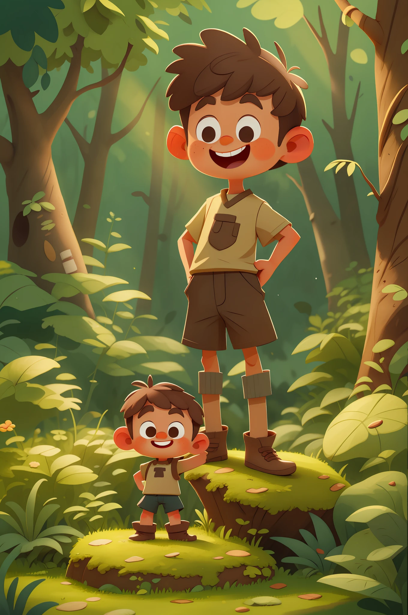 A happy cute boy standing short hair, wearing brown shorts, cream shirt, brown boots outdoors, forest background, toon, pixar style, 3d, cartoon, detailed face, asymmetrical