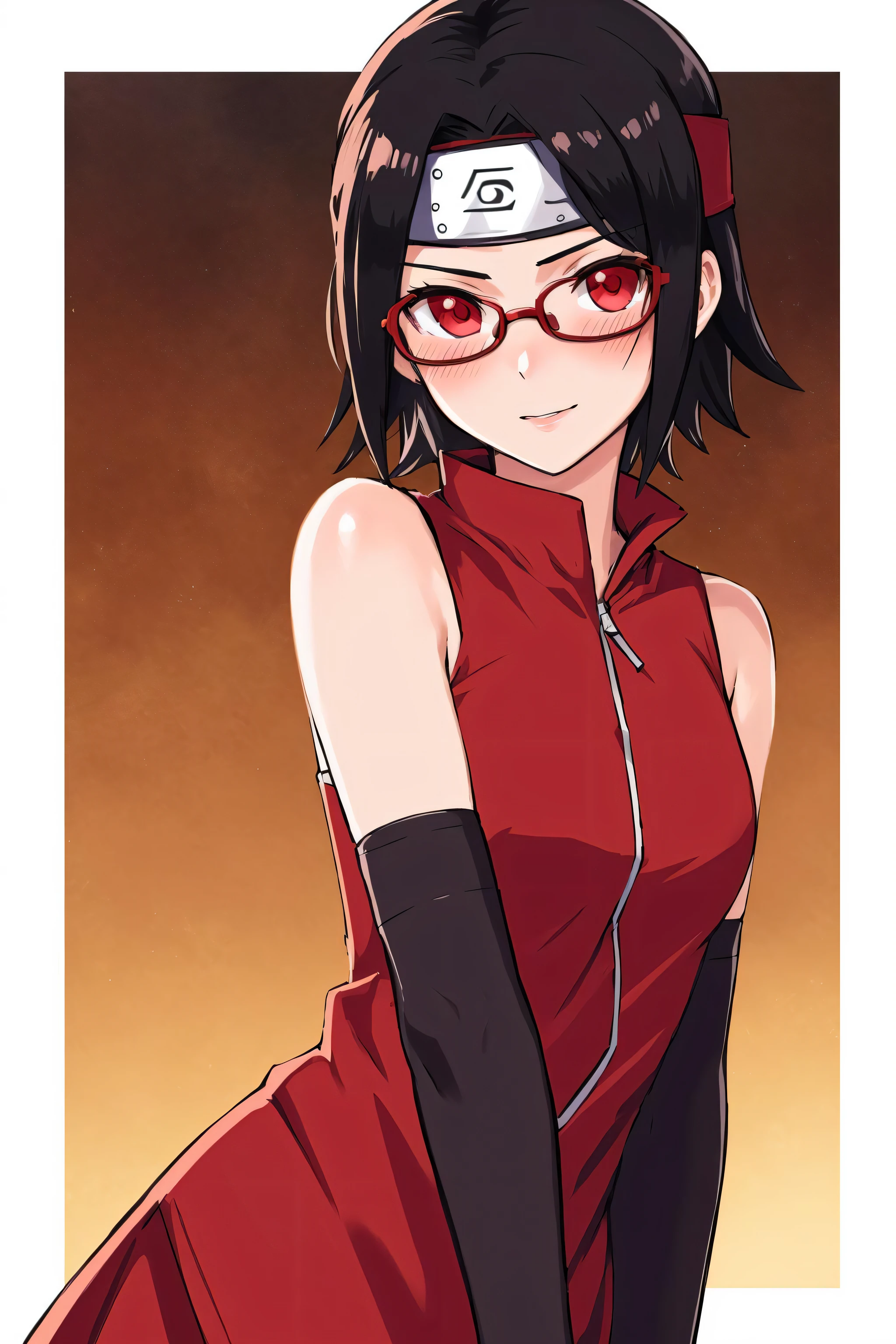 masterpiece, highest quality, best quality, 1girl, solo, looking at viewer, summer forest, evil, 
uchiha sarada, bare shoulders, black hair, blush, red framed glasses, short hair, forehead protector,   arm warmers, bidarian, clenched hand, headband, red eyes, sharingan,