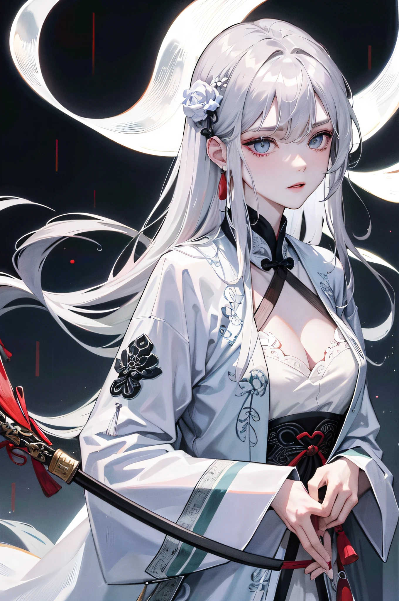 Masterpiece, Excellent, Night, Outdoor, Rainy Day, Branches, Chinese Style, Ancient China, 1 Woman, Mature Woman, Silver-White Long-Haired Woman, Gray-Blue Eyes, Pale Pink Lips, Indifference, Seriousness, Bangs, Assassin, Sword, White Clothes, Blood, Violence, Death, Injury, Blood, Facial Bloodstain, Lots of Blood, Facial Details, Facial Details,