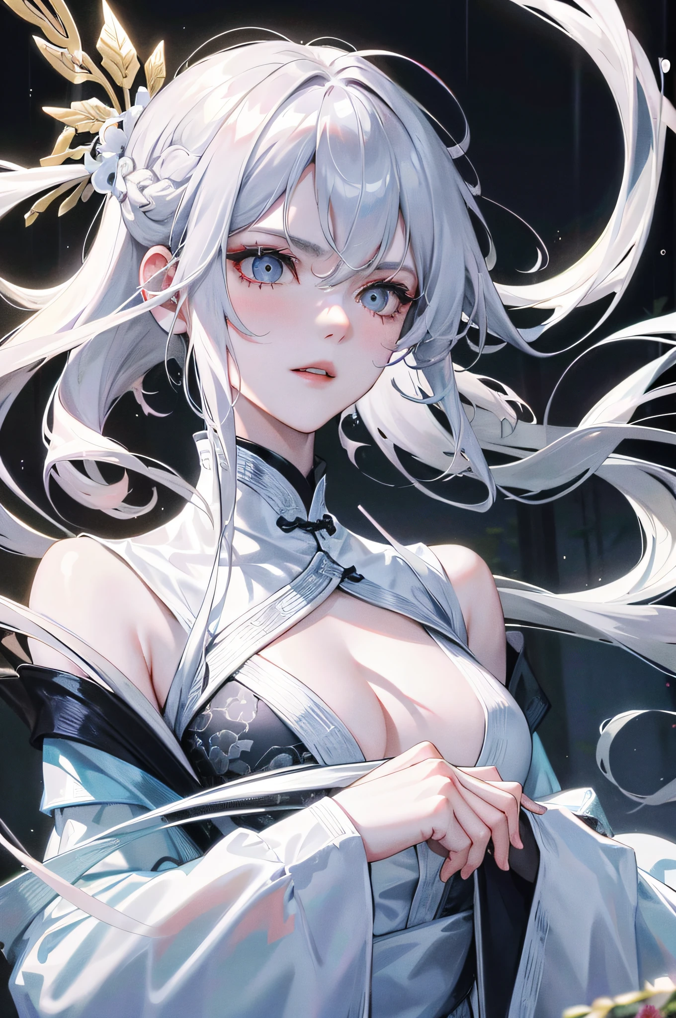 Masterpiece, Excellent, Night, Outdoor, Rainy Day, Branches, Chinese Style, Ancient China, 1 Woman, Mature Woman, Silver-White Long-Haired Woman, Gray-Blue Eyes, Pale Pink Lips, Indifference, Seriousness, Bangs, Assassin, Sword, White Clothes, Blood, Violence, Death, Injury, Blood, Facial Bloodstain, Lots of Blood, Facial Details, Facial Details,