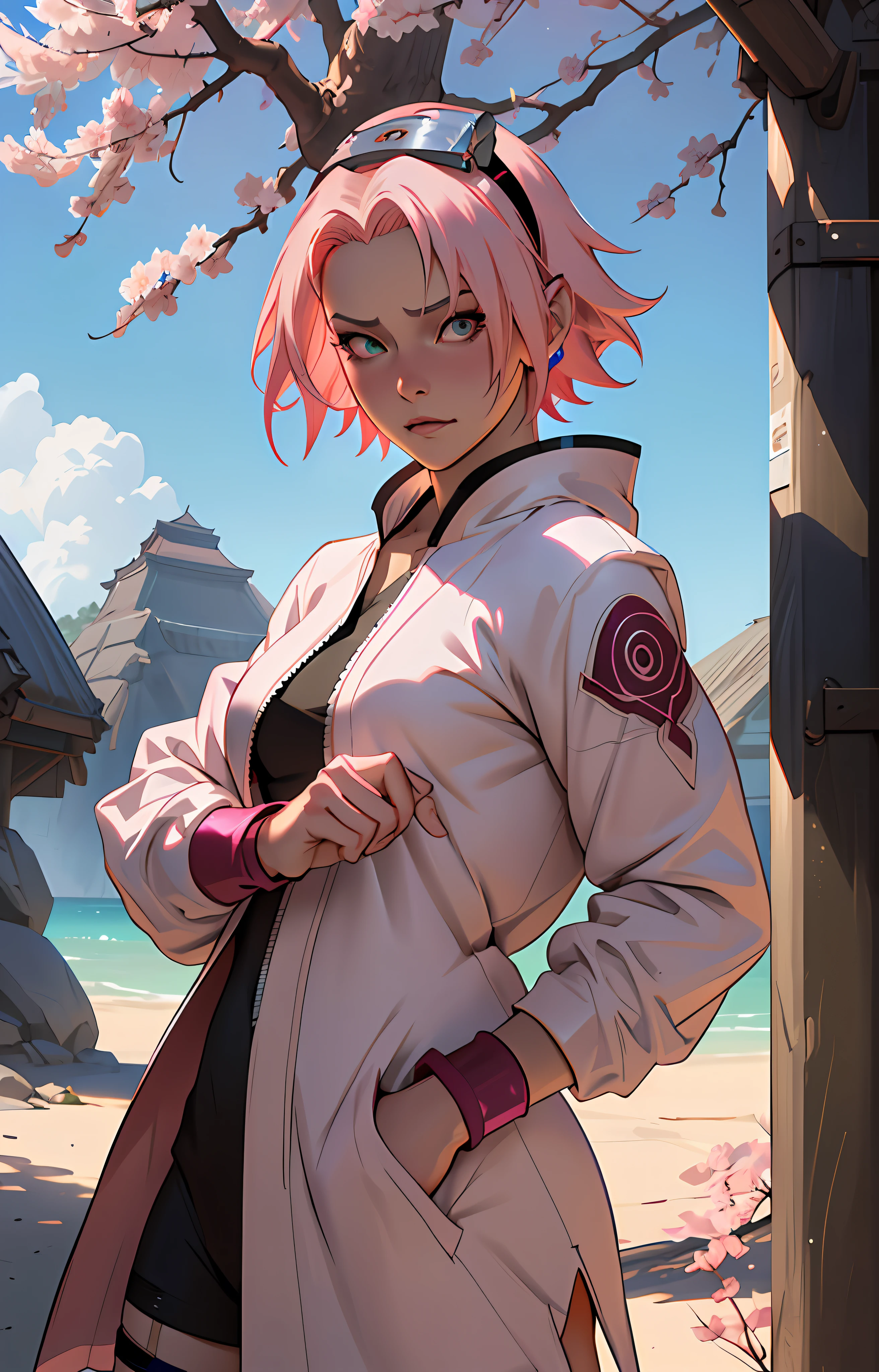 Sakura haruno, seductive, ((forehead to show)), attractive, sexy eyes, white coat, hokague hat, ((sakura Hokague)), pink hair, delicate, young, short hair, detailed face, high definition, full body, from League of Legends, trend in artstation, by rhads, andreas rocha, rossdraws, makoto shinkai, laurie greasley, lois van baarle, ilya kuvshinov and greg rutkowski