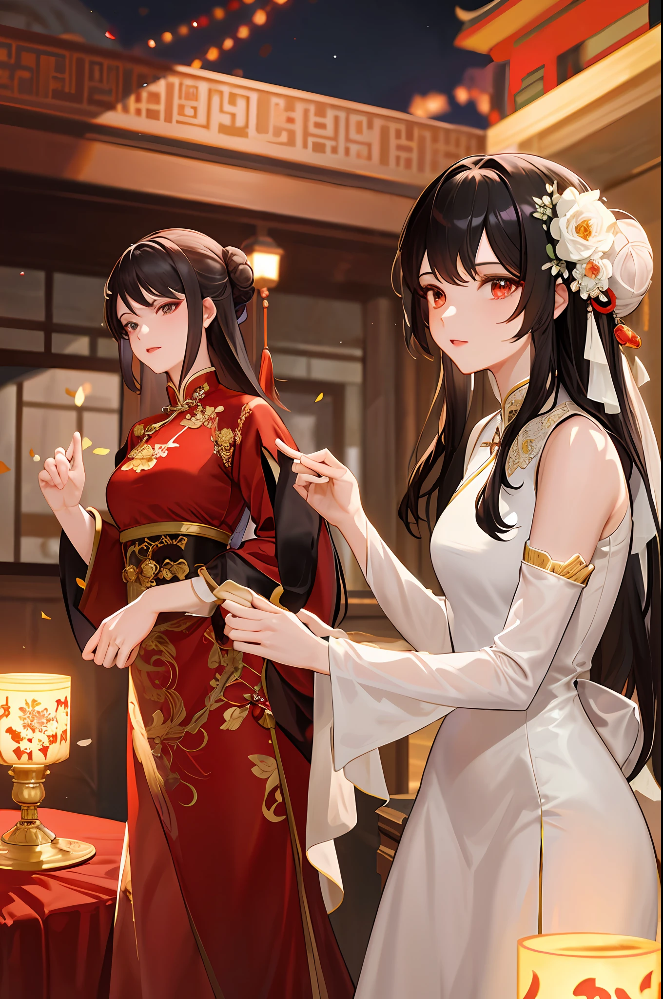 Masterpiece, Superb Style, Cave House Flower Candle Night, Wedding Scene, 1 Daughter, (Single), Mature Woman, Chinese Style, Sister, Royal Sister, Chinese Costume Red Wedding Dress, Bun, Black Long Haired Woman, Gentle, Intellectual, Three Belts, Wedding Background, Wan, Red Lantern