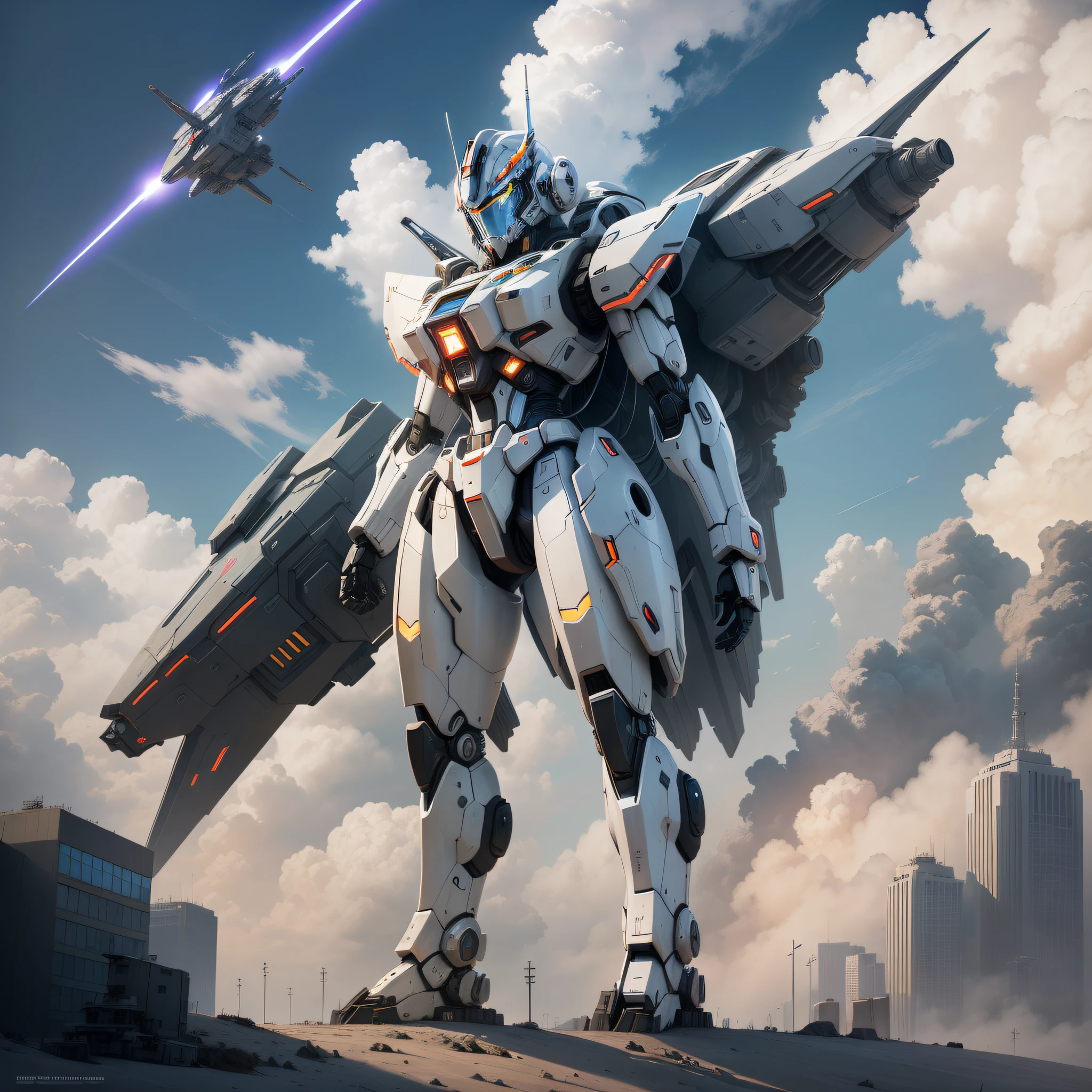 (without any human habitation), sky, (Drifting clouds), (High-tech city building), Mecha warrior, hand holding (dazzling lightsaber), Robot, (Perfect combination of advanced heavy armor and high-tech machinery), (Perfect embodiment of futuristic technology), (futuristic world full of unknowns and possibilities), gundam, (women in futuristic world)