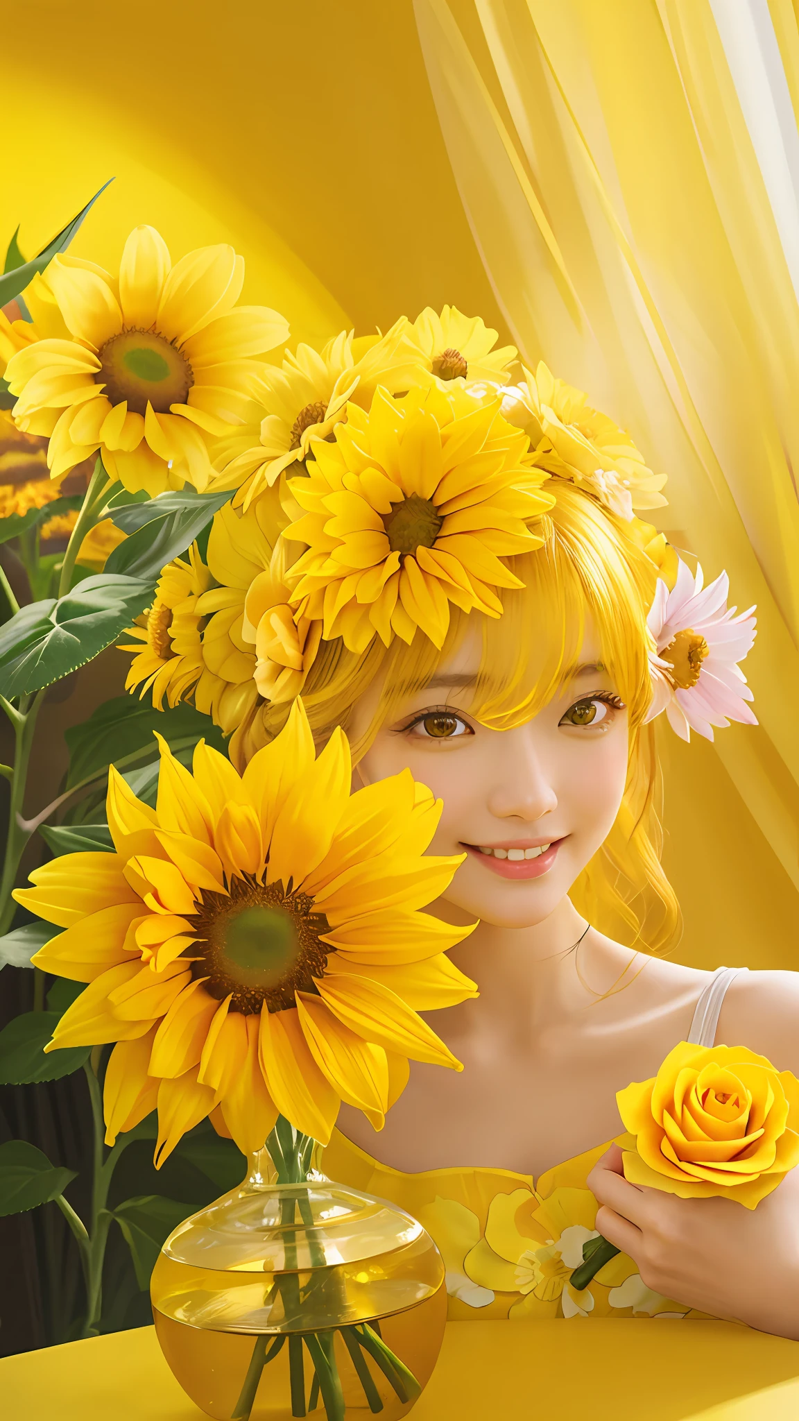 masterpiece, best quality, 8k, absurdres, (1girl surround by flowers), (((many flowers))), white shirt, beautiful girl, pretty face, looking at viewer, smile, ultra realistic, highres, highest detailed, extreme detailed, ultra detailed, finely detail, real skin, delicate facial features, detailed face and eyes, sharp pupils, realistic pupils, (korean, japanese, chinese:0.3),
yellow and orange flowers are in a vase on a table, yellow flowers, full of yellow flowers flowers, yellow colours, yellow colors, rich bright sunny colors, colors: yellow sunflowers, colors : yellow sunflowers, shades of yellow, golden flowers, yellow sunshine, colors: yellow, bursts of color, bright and sunny, brightly colored flowers, yellow radiant magic