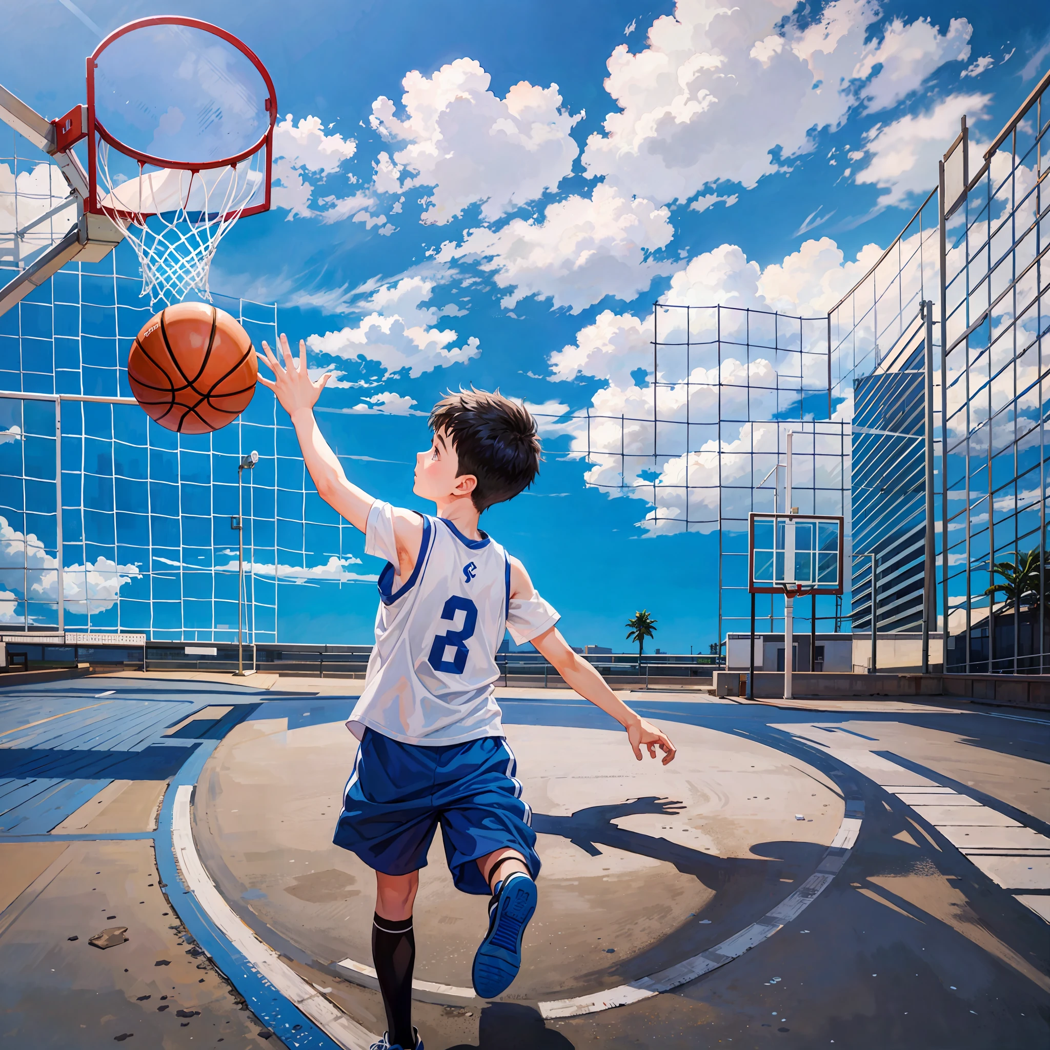 The same prompt "Under the blue sky and white clouds.", On the basketball court, There is a little boy playing basketball" painting in different models --auto --s2