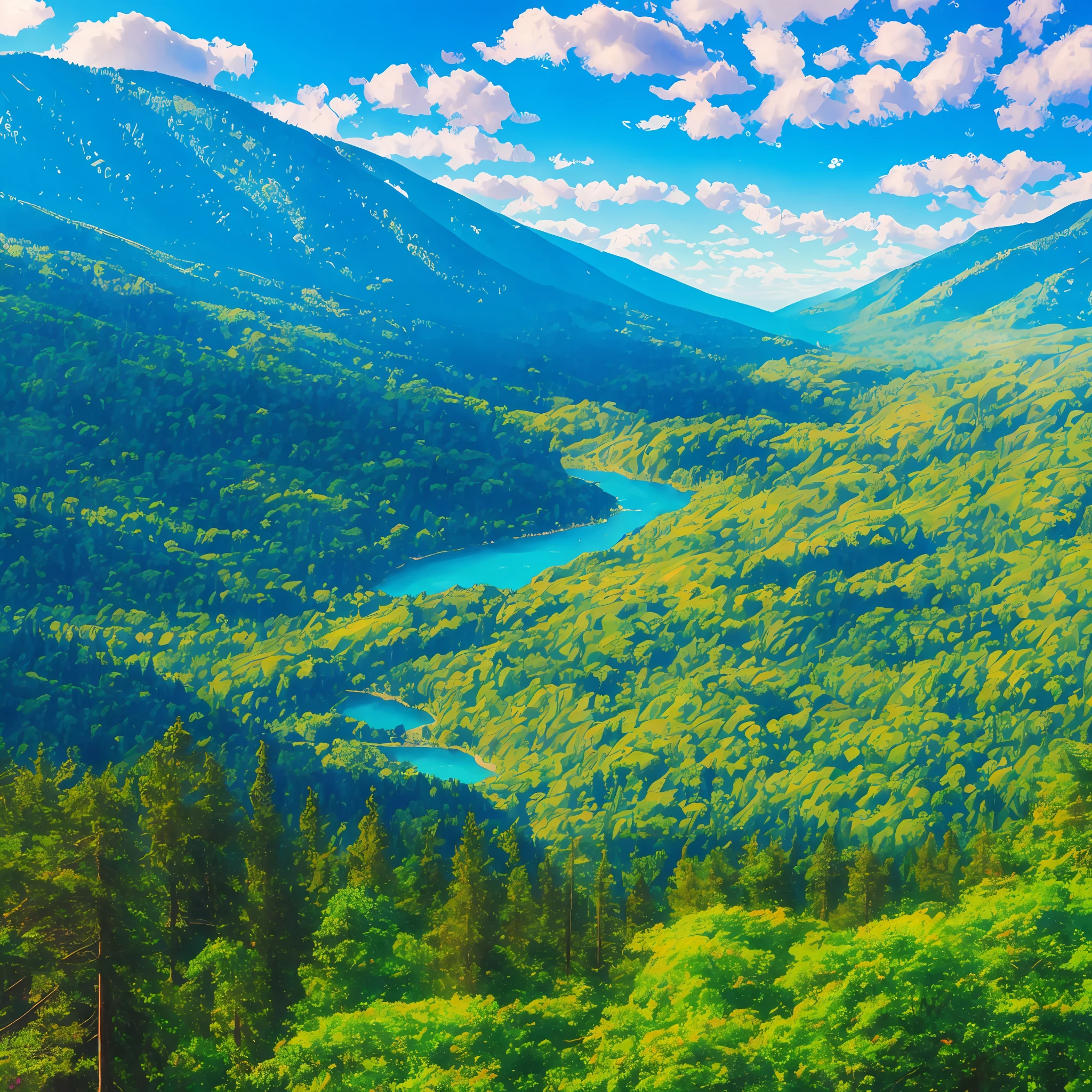 The view of the magical Wonderland forest from the top of the tallest tree feels as if one is in a dream. The expansive forest is covered in deep green, with rivers and waterfalls painting shimmering flows of water. All the trees lie beneath, and colorful flowers bloom abundantly between them, filling the air with a beautiful fragrance. In the distance, mountains tower, and the sky stretches wide, bright, and blue --auto --s2