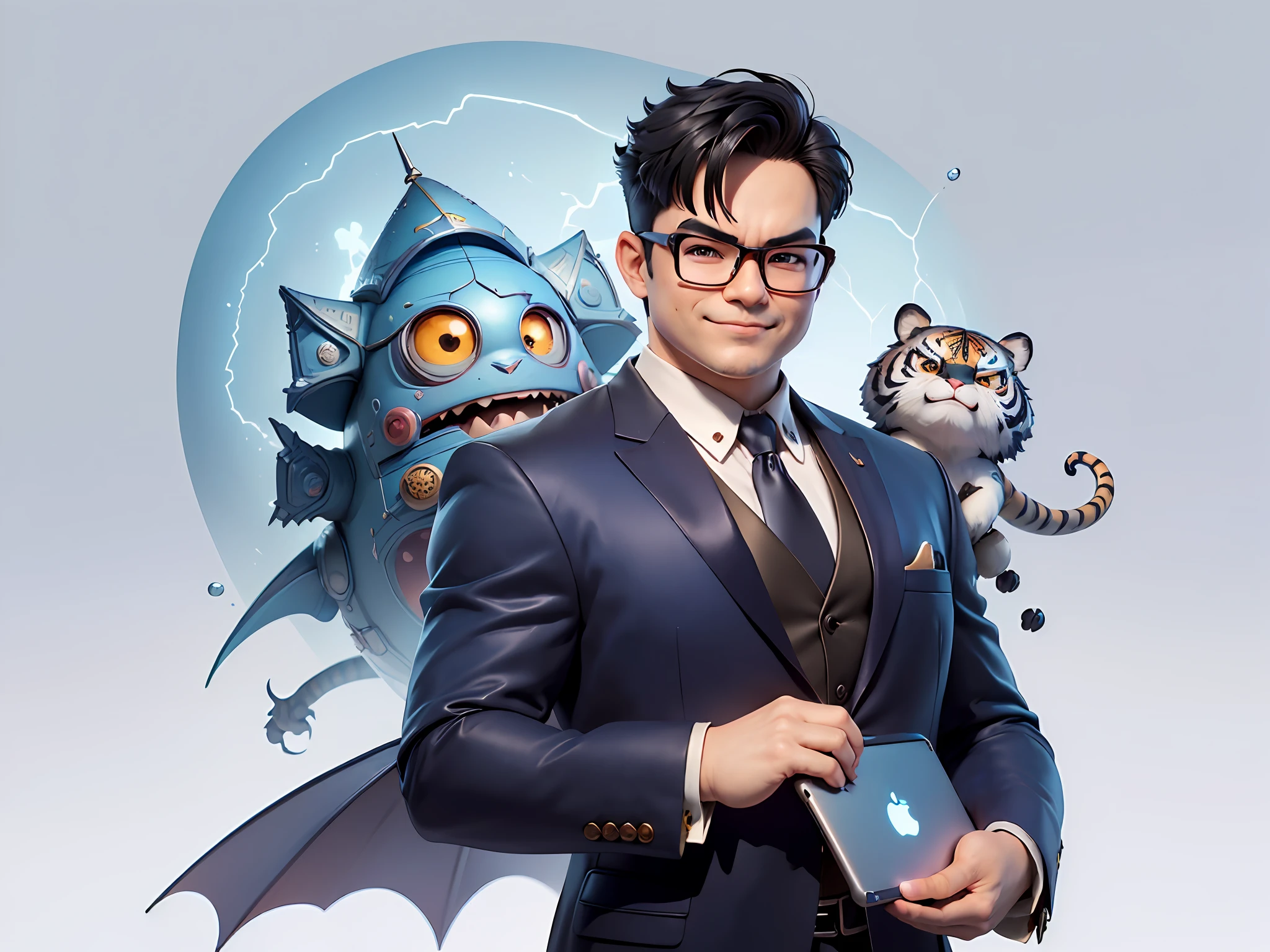 (((Masterpiece), (Excellent), (Super Meticulous), (Full Body: 1.2), Super Young Man, Oriental Face, Japanese Wind and Thunder God, Dragon, Tiger, TV Anchor, Bust Portrait Illustration, Alone, Black Formal Suit, Blue Tie, Slightly Chubby Face, Silver Glasses Face Very Clean No Beard, Black Super Short Hair, Black Eyes, Confident Smile, 3c Computer Sub-Products, iPad, iPhone, Digital Painting, 3D Character Design by Akira Toriyama and Mark Claireden and Pixar and Hayao Miyazaki, The illustration is a high-definition illustration in 4K resolution with very detailed facial features and cartoon-style visuals.