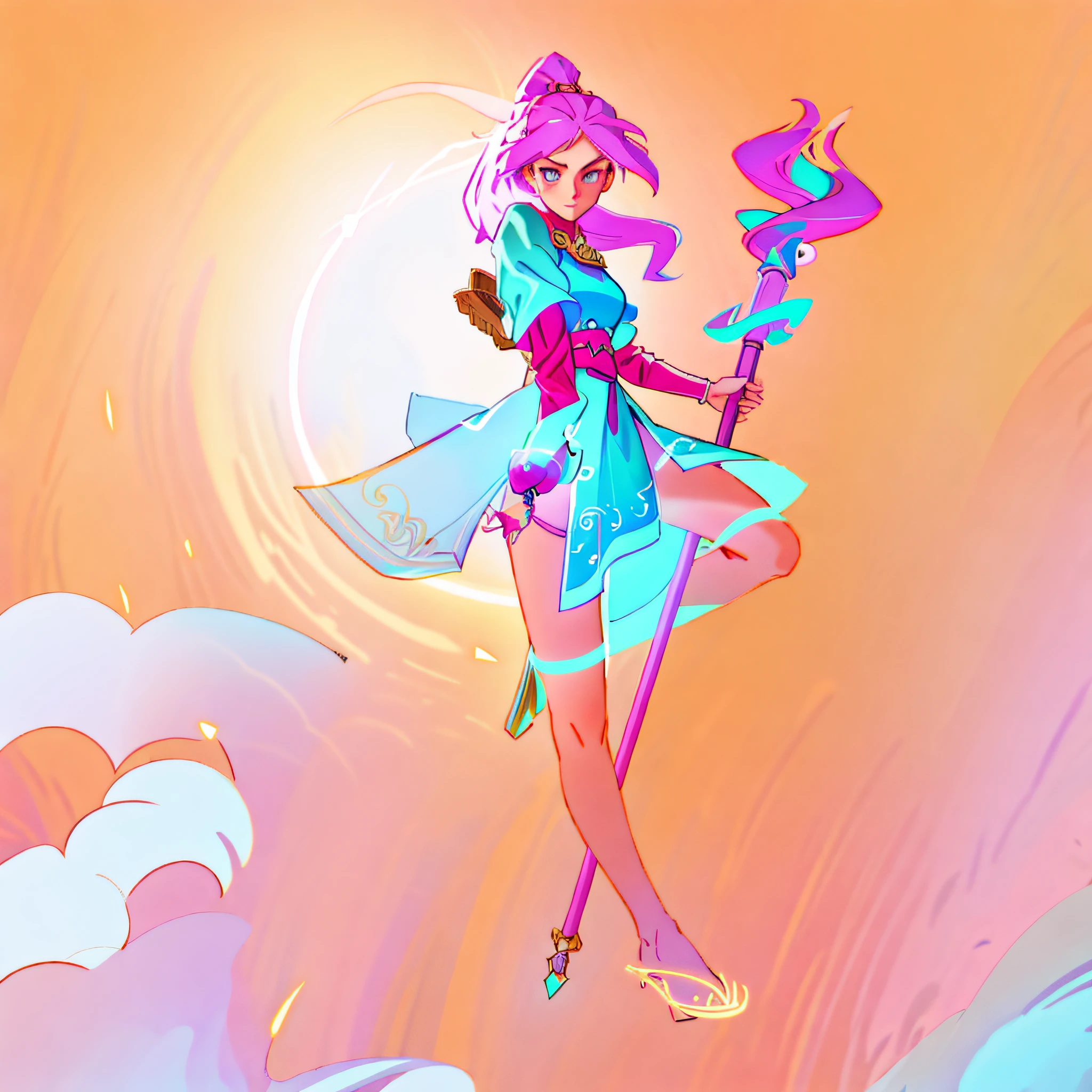 Best quality, high resolution, a girl with a staff, sharp line art, clean line art, female mage, detailed full body concept, as DND character, DND character concept, full body concept, character pose concept art, clear costume design, complex fantasy character, magical game background, colored hair