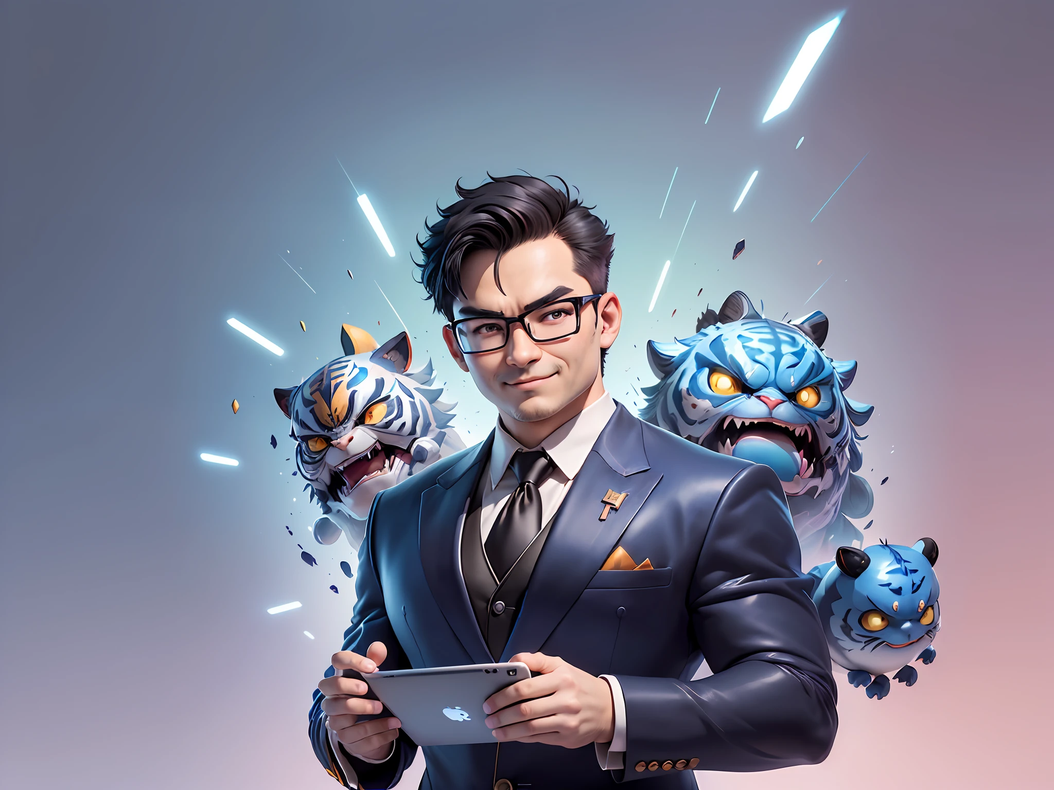 (((Masterpiece), (Excellent), (Super Meticulous), (Full Body: 1.2), Super Young Man, Oriental Face, Japanese Wind and Thunder God, Dragon, Tiger, TV Anchor, Bust Portrait Illustration, Alone, Black Formal Suit, Blue Tie, Slightly Chubby Face, Silver Glasses Face Very Clean No Beard, Black Super Short Hair, Black Eyes, Confident Smile, 3c Computer Sub-Products, iPad, iPhone, Digital Painting, 3D Character Design by Akira Toriyama and Mark Claireden and Pixar and Hayao Miyazaki, The illustration is a high-definition illustration in 4K resolution with very detailed facial features and cartoon-style visuals.