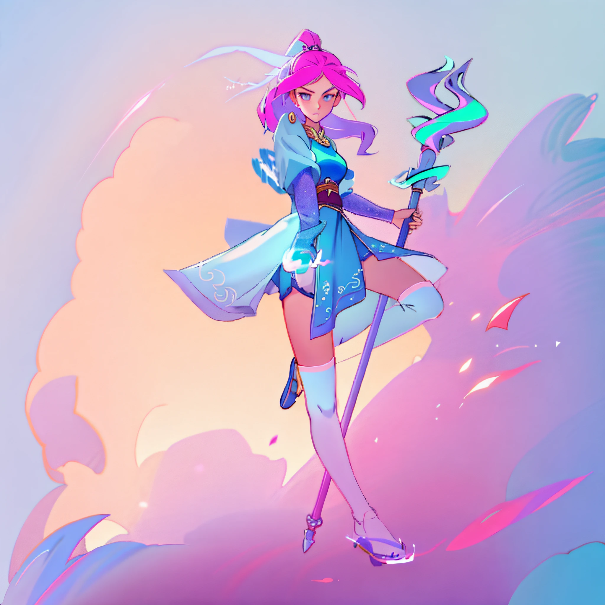 Best quality, high resolution, a girl with a staff, sharp line art, clean line art, female mage, detailed full body concept, as DND character, DND character concept, full body concept, character pose concept art, clear costume design, complex fantasy character, magical game background, colored hair