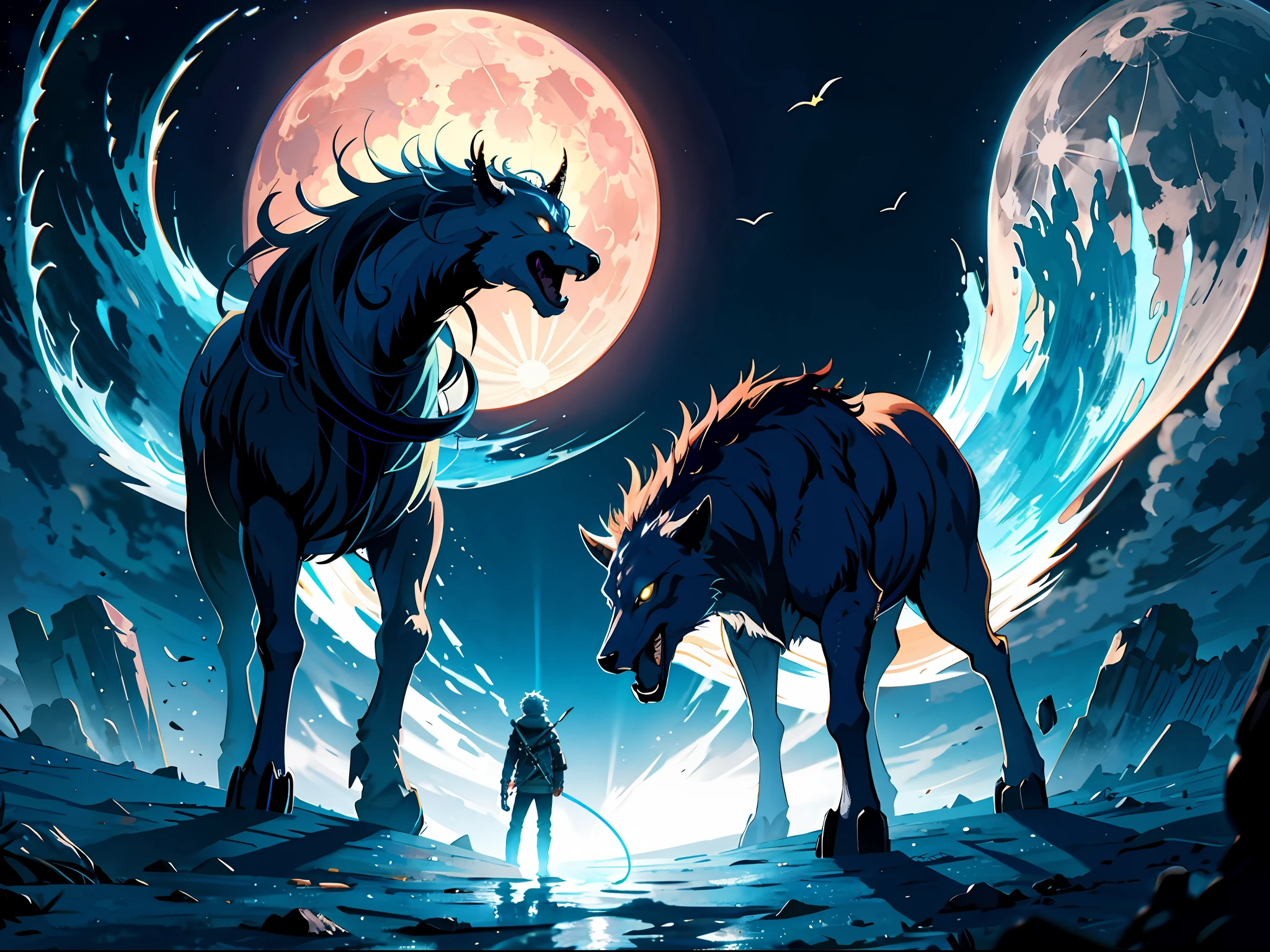 HD clear, best images, illustration quality, super detailed, a teenager with a bright moon behind him, and many beasts