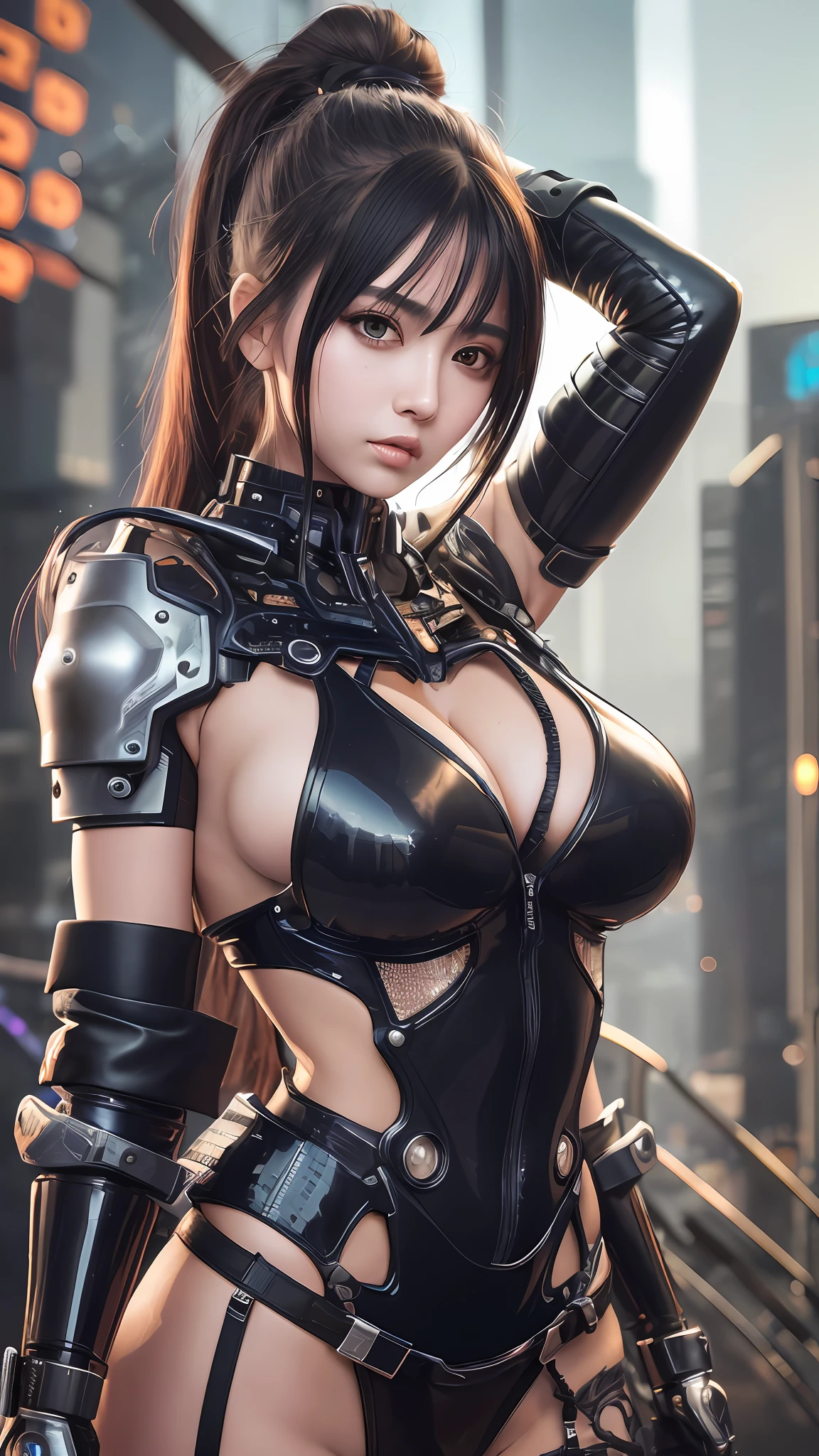 (8k, masterpiece, best quality), ultra-detailed, detailed beautiful round eyes, beautifully detailed face, high quality, high resolution, cyberpunk girl with katana wearing sexy outfit, massive breast, see-through dress, mecha, sleep, ruins