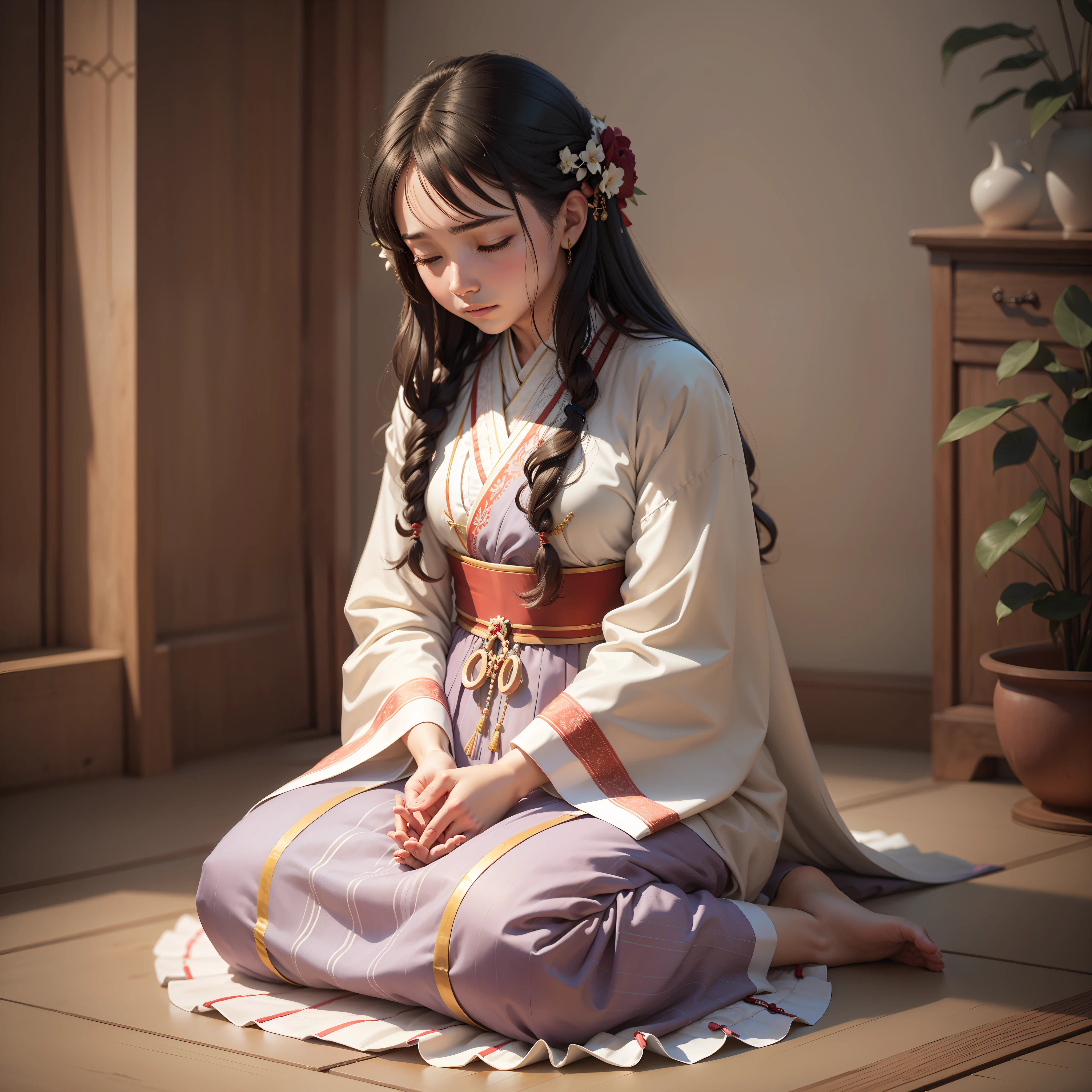 A person in a position of prayer, wearing traditional clothes, in an intimate and calm environment, with soft lighting and soft colors.