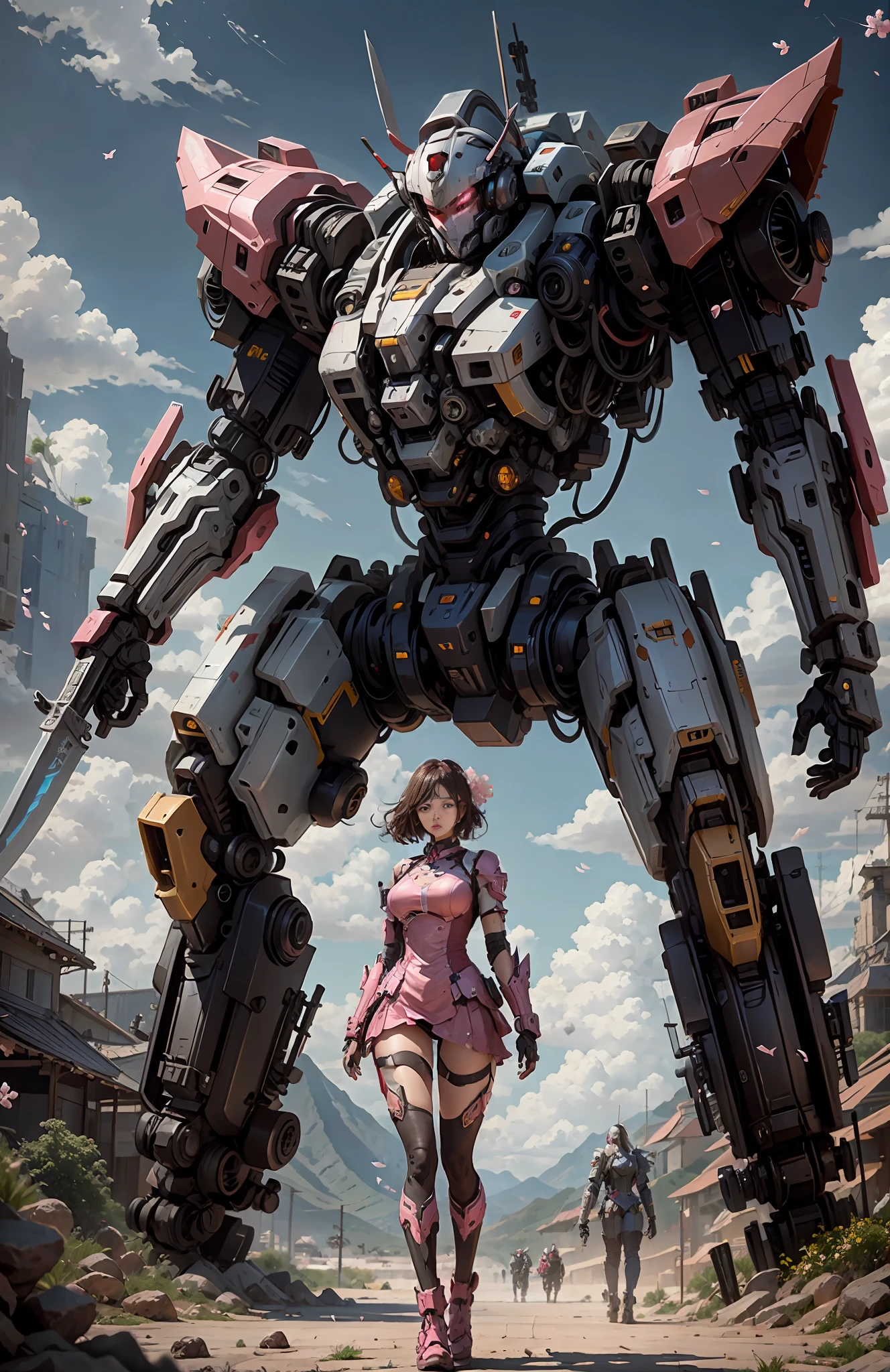 The mech warrior is stout and holding a huge weapon, and the mech beauty is holding a knife, cherry blossom pink