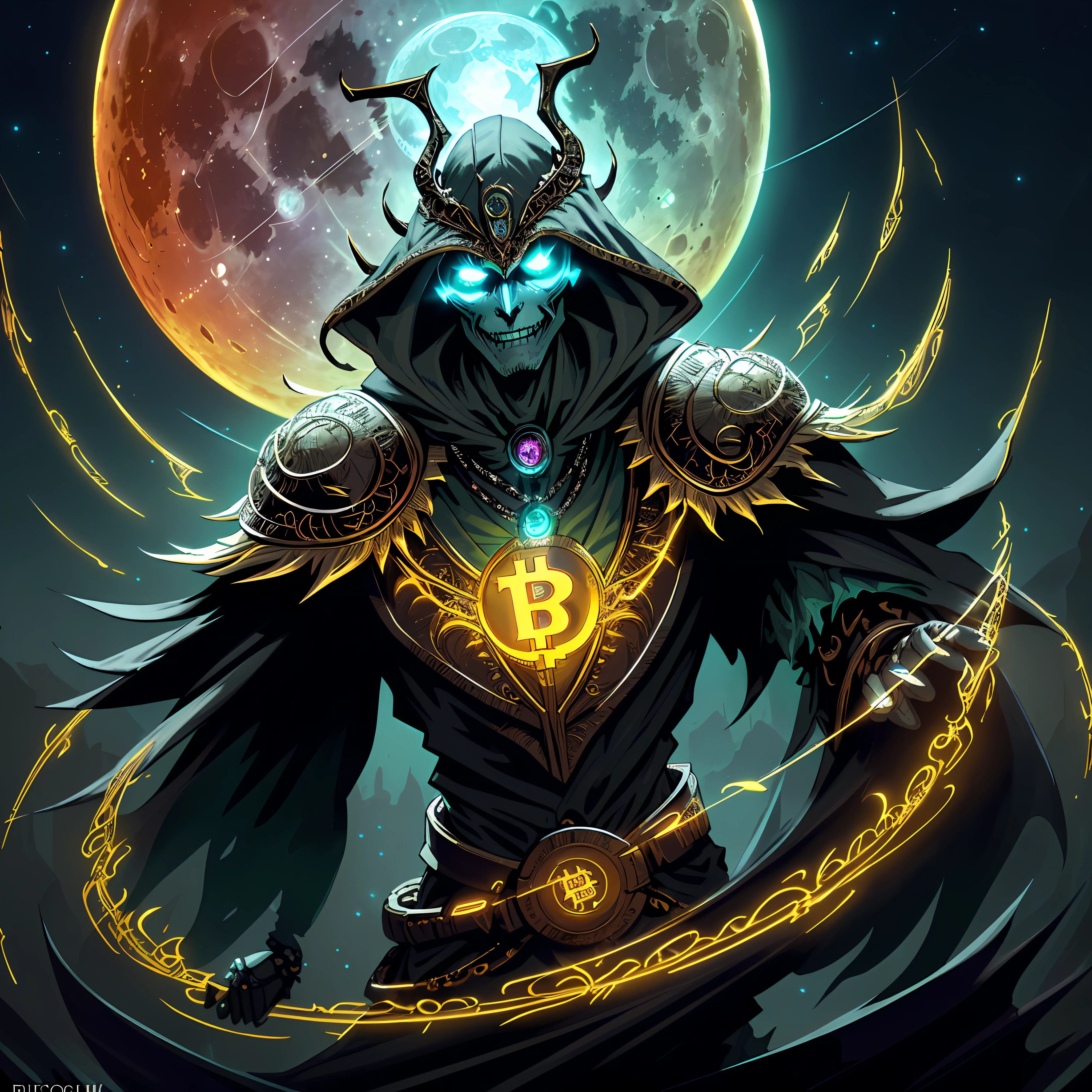 (((A jaded and plotting ancient automaton:undead lich centered in the foreground))), ((clockwork filigree)), ((bioluminescent eyes)), (((ephemeral robes))), (((extravagant full helm))), ((corrupted bioluminescent filigree ankh necklace)), dark fantasy, dark atmosphere, graveyard, ((night)), bioluminescent bat swarm, volumetric lighting, best quality, masterpiece, intricate details, tonemapping, sharp focus, very detailed, trending on Artstation 4k, realistic, 8k, cinematic lighting, (((Full blood moon vibrantly lighting the scene))), (((wide angle shot))), ((colorful)), ((clockwork filigree face)), (((angle from above))), ((((looking at viewer)))), professional artist, {masterpiece}, {bioluminescent halo lighting from behind}, ((sinister glowing bitcoin)), {Full body portrait}, {Award winning illustration}