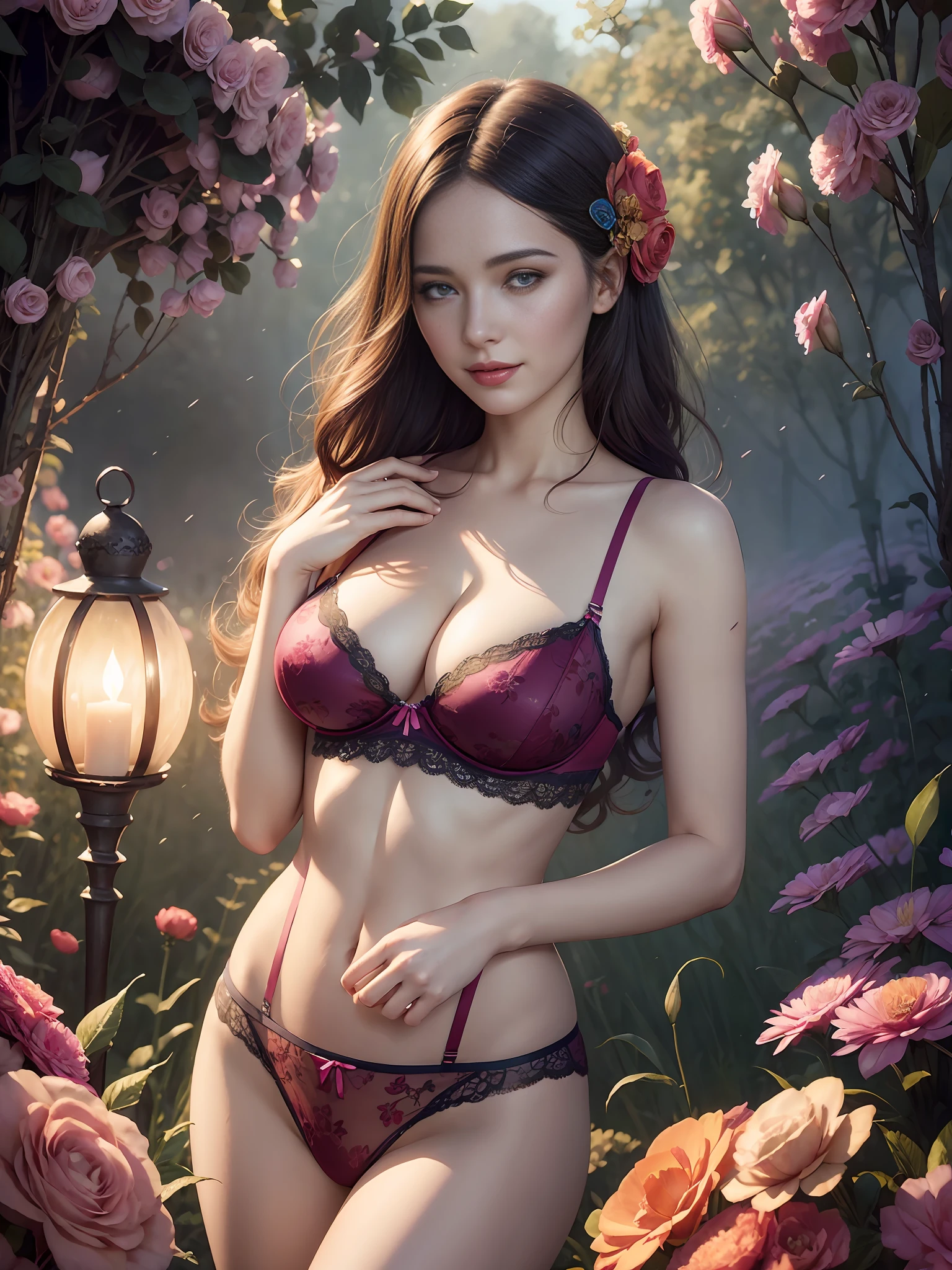 A woman in colorful lingerie, big breasts, mysterious smile, flower field, 3D magical details, James Jean Soft Light, 4K, Yuri Schvedorf and Tom Bagshaw, beautiful digital artwork, Sylvain Sarel and Igor Mosky