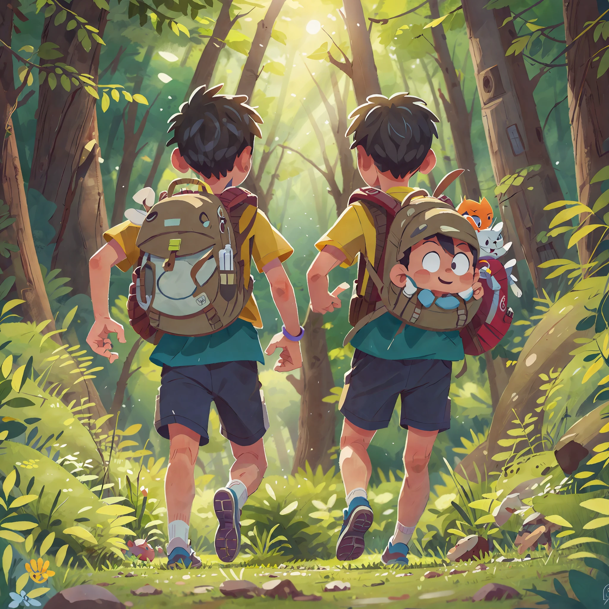 (SFW), two running boys, spring outing, happy, backpack on back, forest in the background, perfect quality, clear focus, colorful, perfect face, intricate details, ultra-low viewing angle, wide angle lens