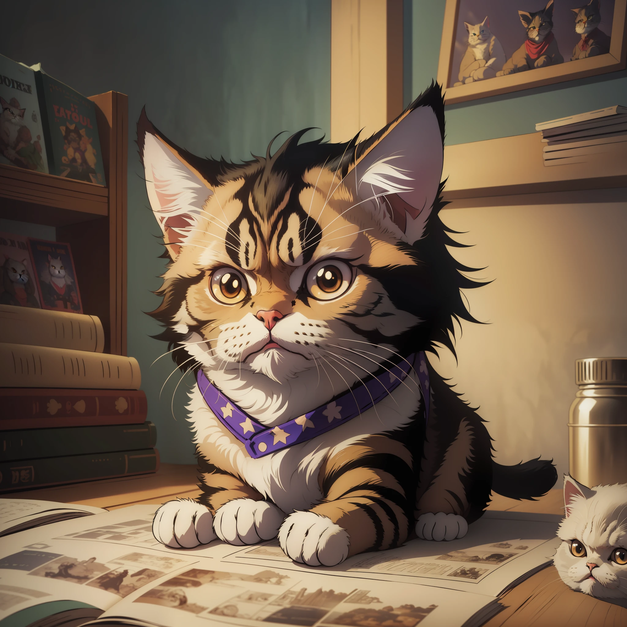 A Persian cat, comic book style, cute and docile series, exaggerated a little, the overall look is exaggerated, the sense of atmosphere is full, the cat itself plus a little special effects, 4k