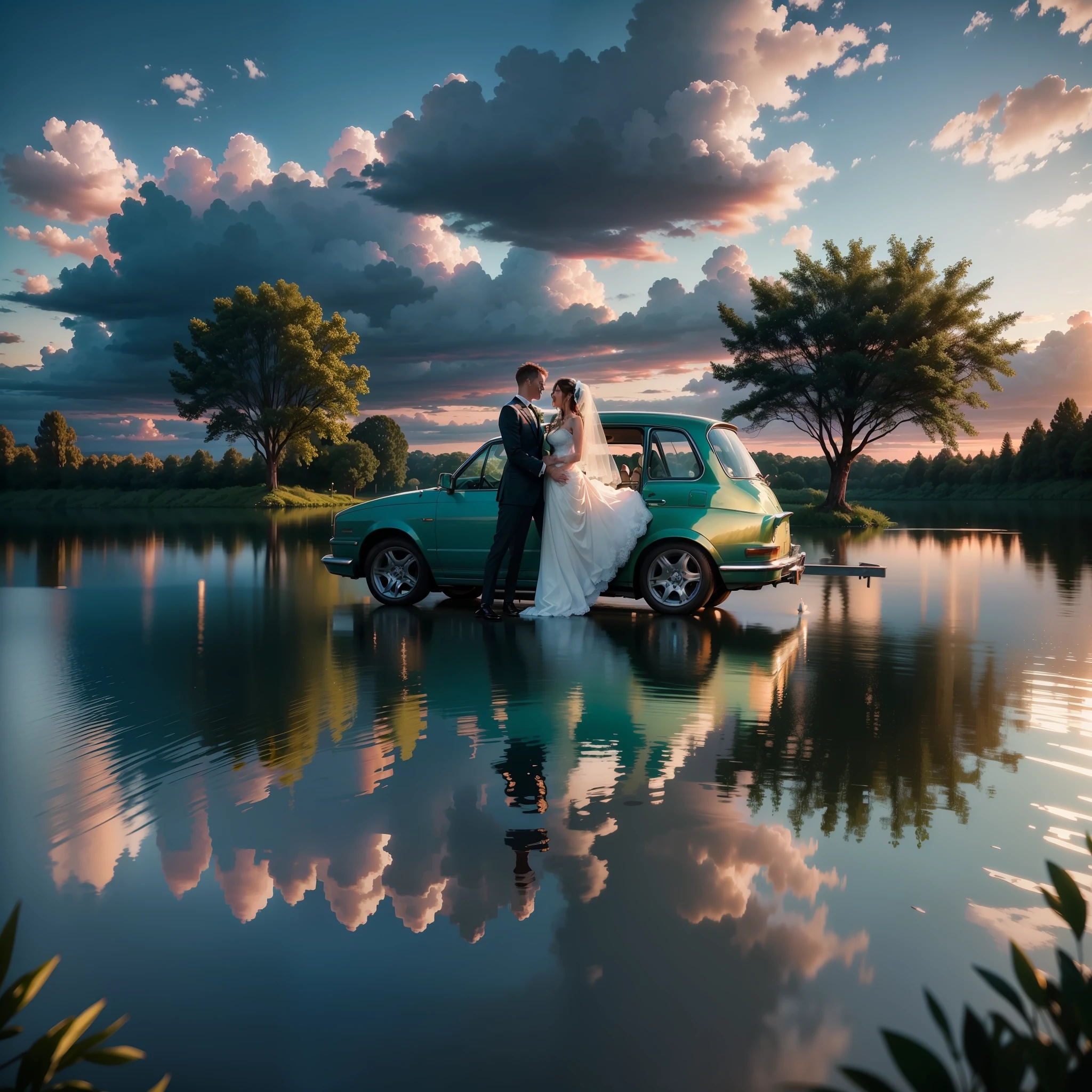 (wedding photos + water + green trees + blue sky and white clouds | sunset), adjust the car tone according to emotions and feelings, the characters are clear, the details are rich, and the main emotions are clear. (Note: "+" is a juxtaposition, "|" is alternate)